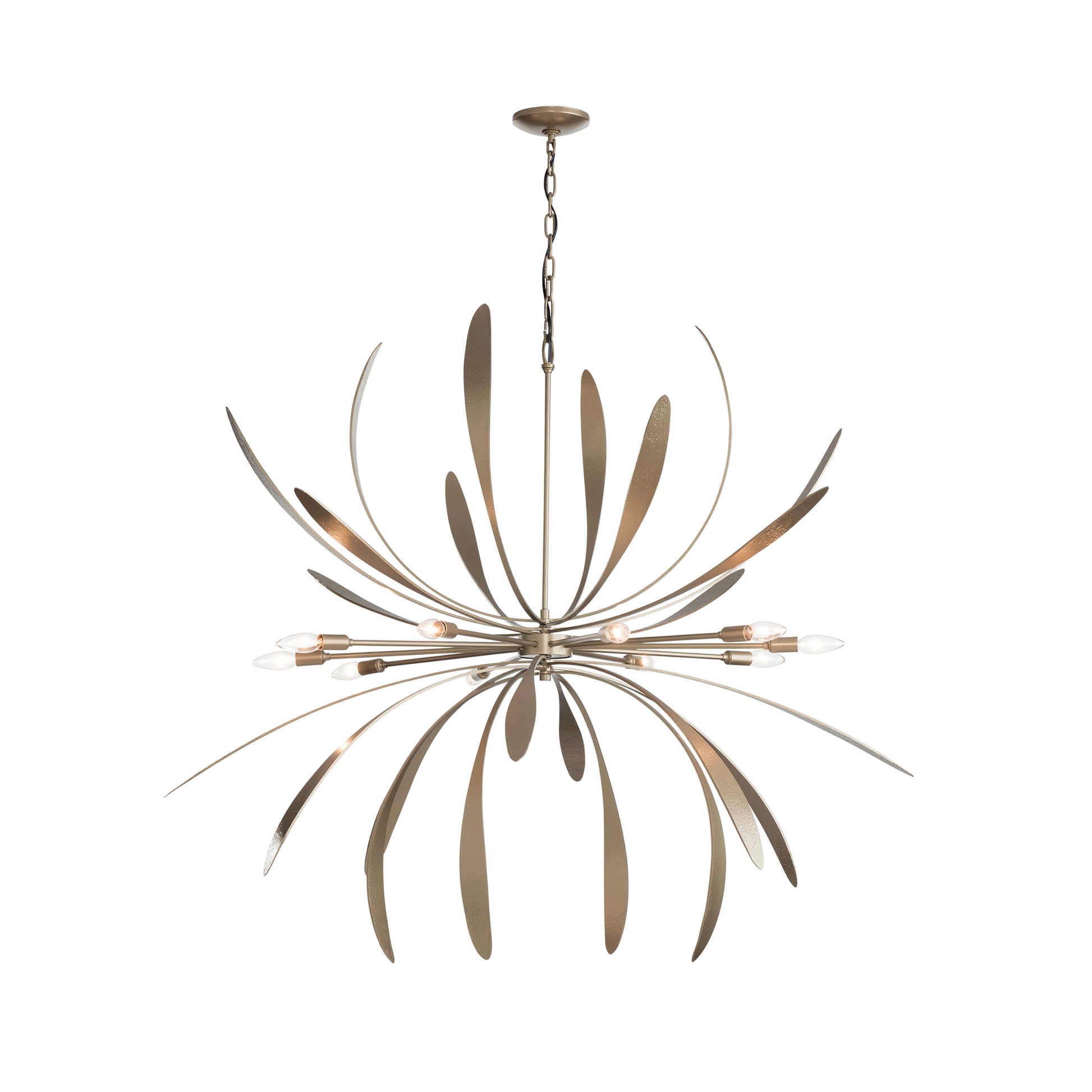 Large Dahlia Chandelier with starburst design, eight exposed bulbs, and elegant curved leaves by Hubbardton Forge.