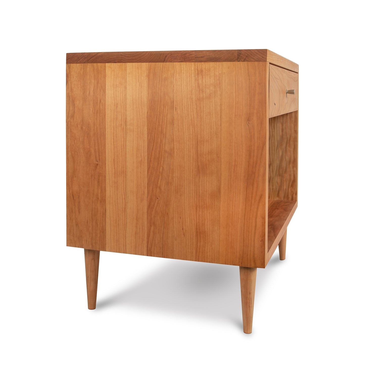 A Vermont Furniture Designs Larssen 1-Drawer Wide Nightstand in natural hardwood with tapered legs, isolated on a white background.