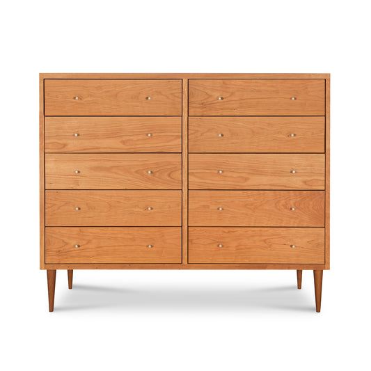 A mid-century modern designer Vermont Furniture Designs Larssen 10-Drawer Dresser providing ample storage space on a white background.