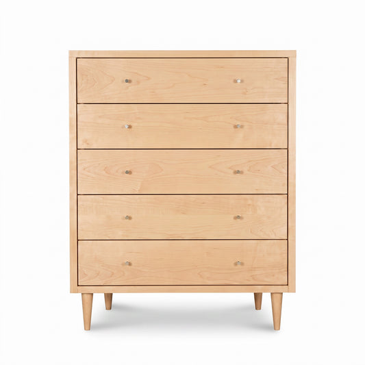 Larssen 5-Drawer Wide Chest by Vermont Furniture Designs in light wood with tapered legs and round knobs, expertly crafted in America.