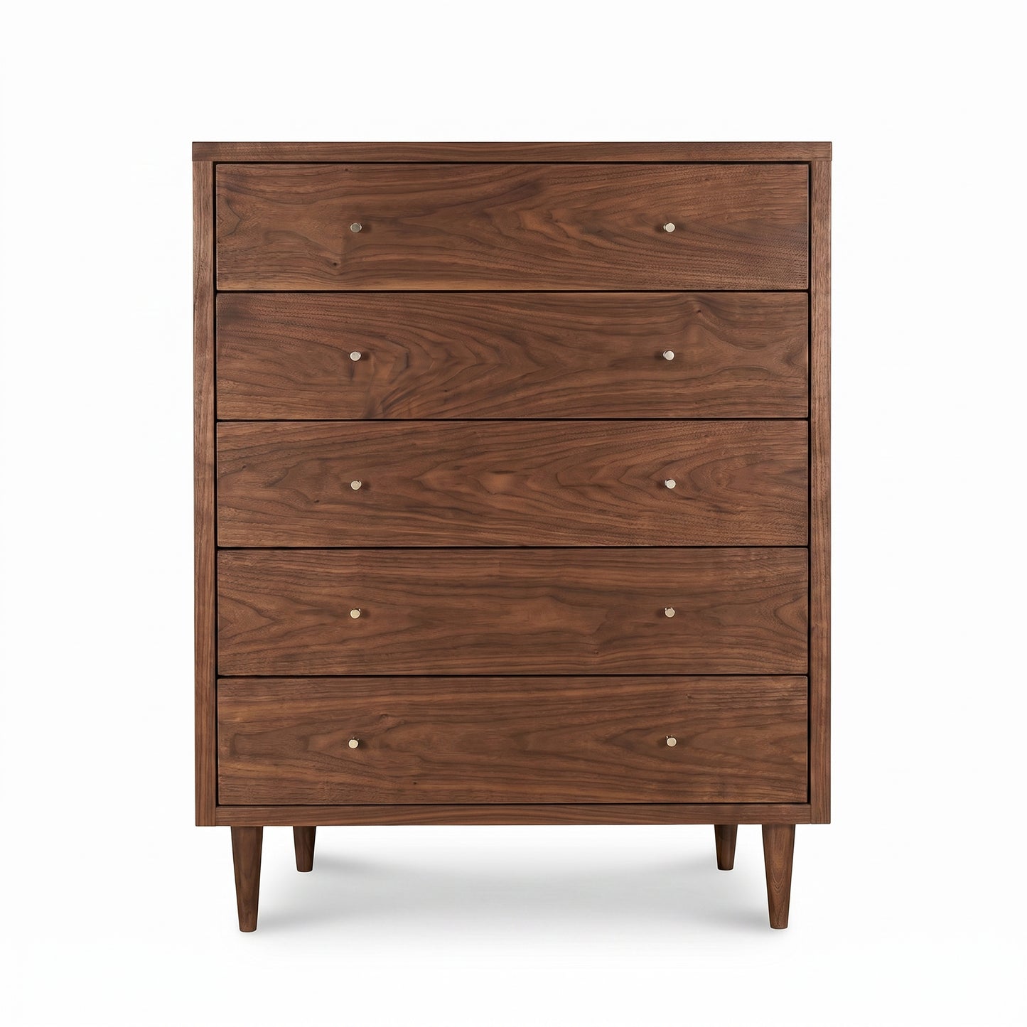 Larssen 5-Drawer Wide Chest by Vermont Furniture Designs, mid-century modern style with slender legs and round metal knobs, crafted in the USA.