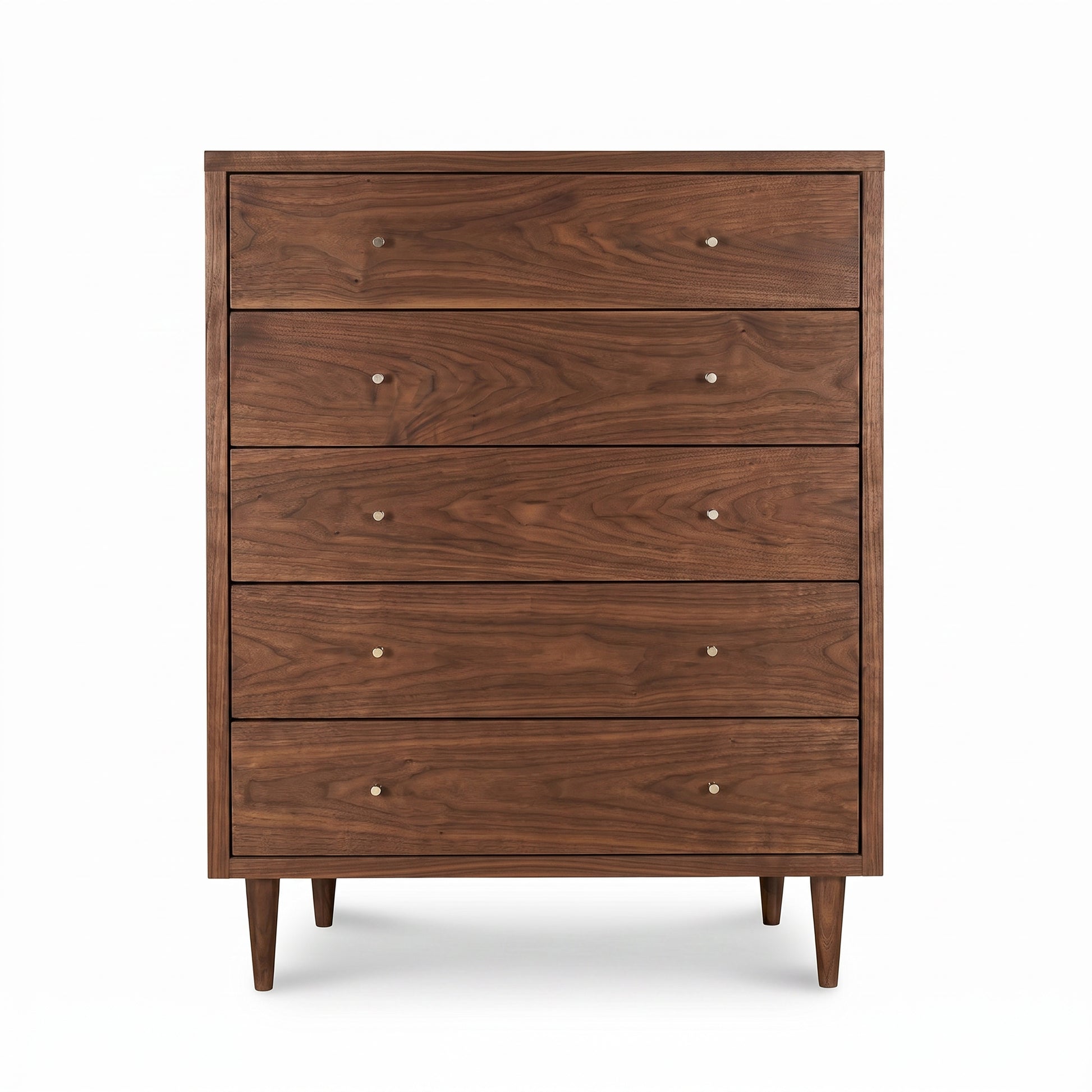 Larssen 5-Drawer Wide Chest by Vermont Furniture Designs, mid-century modern style with slender legs and round metal knobs, crafted in the USA.