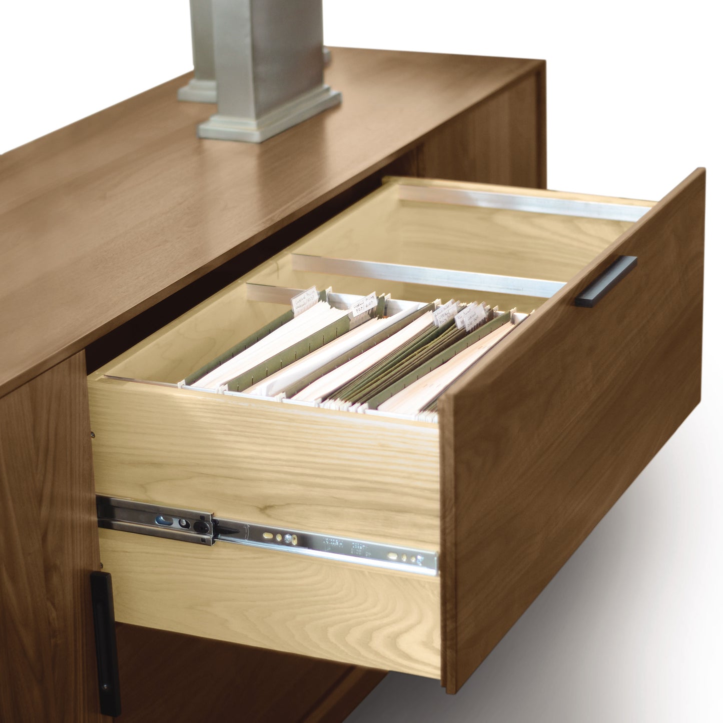 Copeland Furniture Linear Office Credenza in mid-century style, showcasing open drawers with neatly organized hanging files, crafted in solid wood.