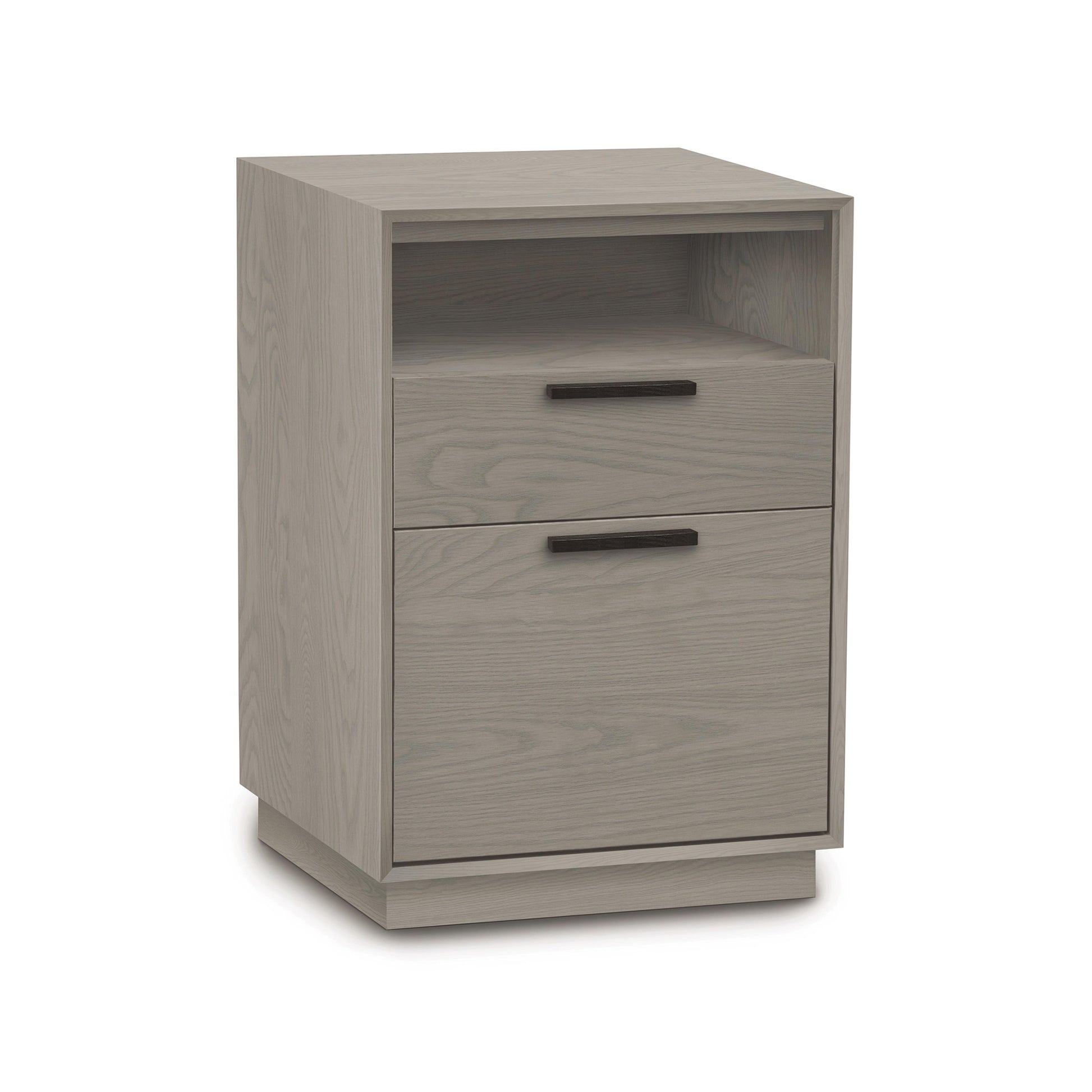 A Copeland Furniture Linear Narrow Rolling File Cabinet with Cubby with two drawers made of grey wood.
