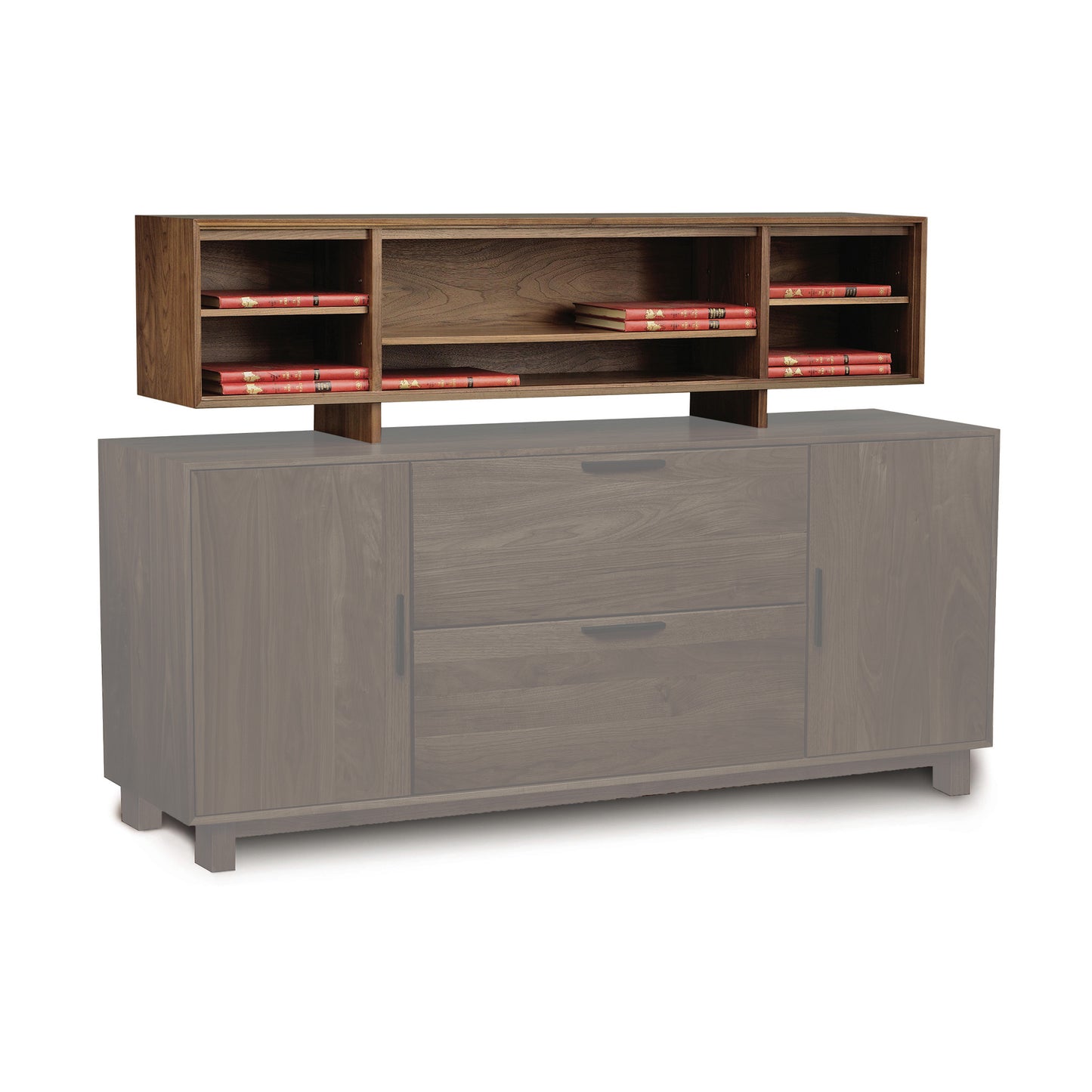 The Linear Office Organizer by Copeland Furniture is a modern wooden sideboard with a natural wood finish, perfectly fitting as solid wood office furniture. The top section includes open shelving for holding stacks of books, supported by two vertical legs. The bottom section boasts two central drawers and a cabinet on each side, making it an ideal customizable office organizer.