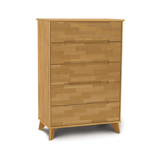 A Copeland Furniture sustainable wooden Linn 5-Drawer Wide Chest on a white background, made from upcycled North American hardwood.