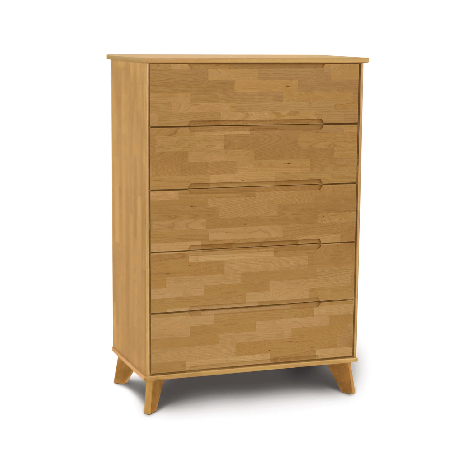 Linn 5-Drawer Wide Chest by Copeland Furniture in light brown wood with angled legs, showcasing mid-century modern design.