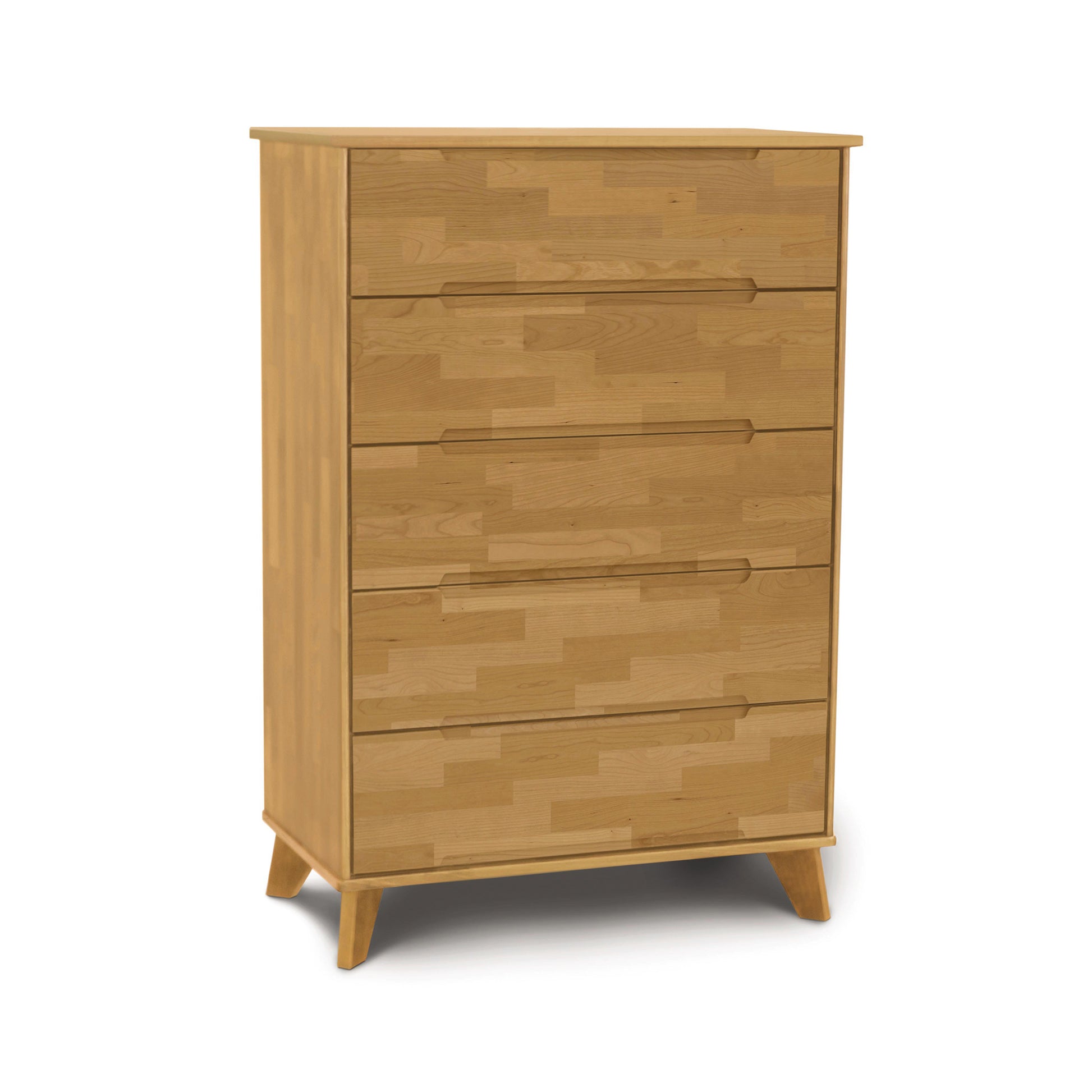 A Linn 5-Drawer Wide Chest made by Copeland Furniture, a mid-century modern design, crafted from upcycled North American hardwood, set against a white background.