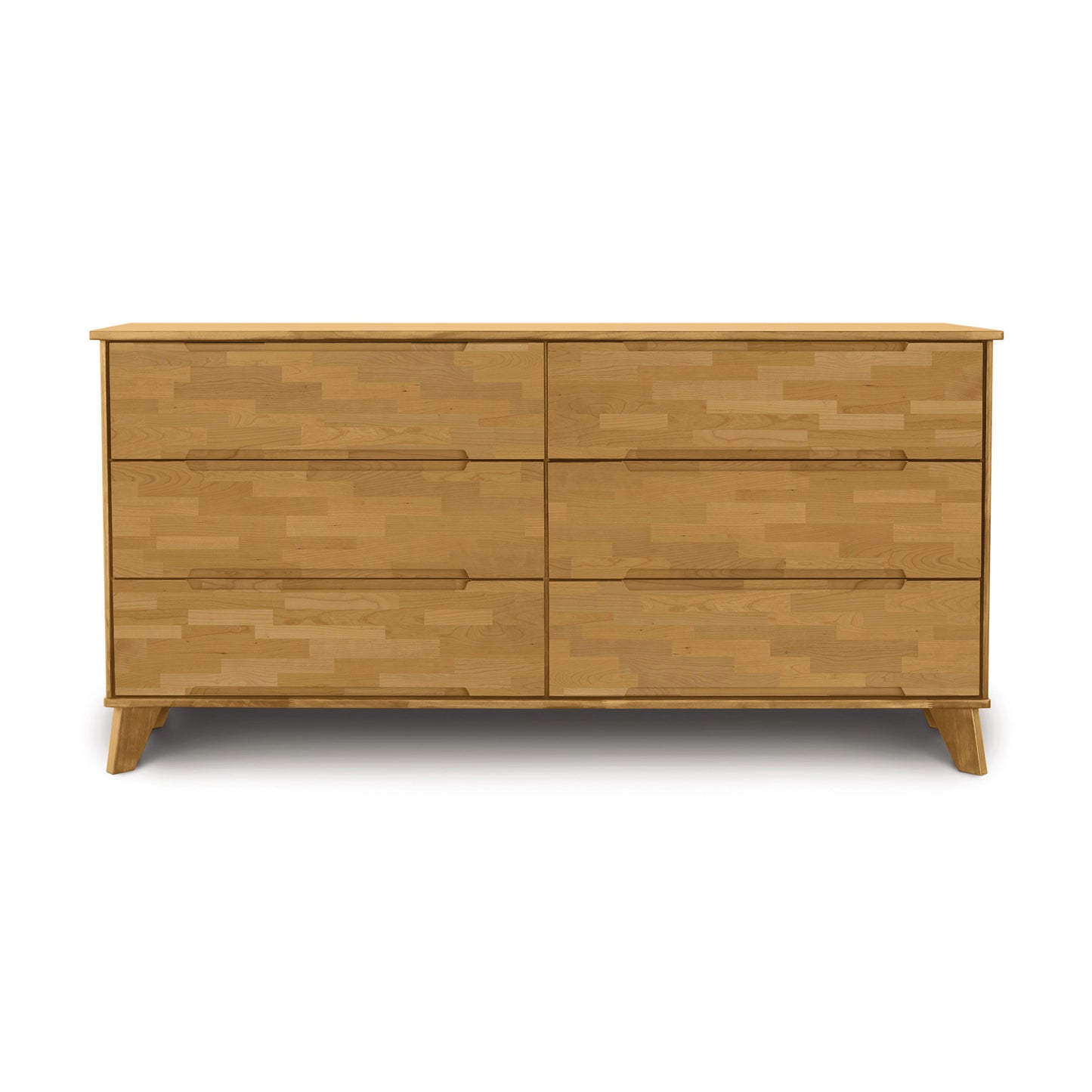 A mid-century modern Linn 6-Drawer Dresser by Copeland Furniture with drawers on a white background.