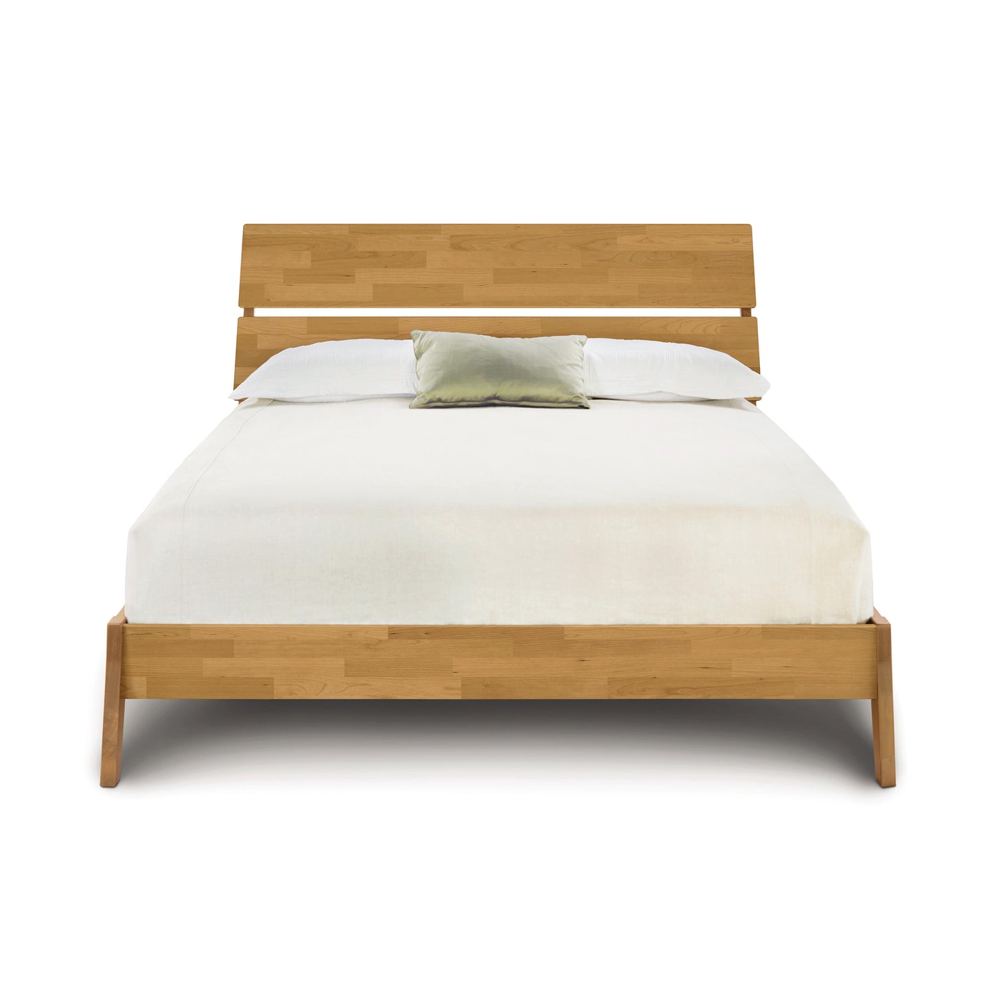 A sustainable Linn Cherry Platform Bed made from cherry hardwood with a wooden headboard and footboard by Copeland Furniture.