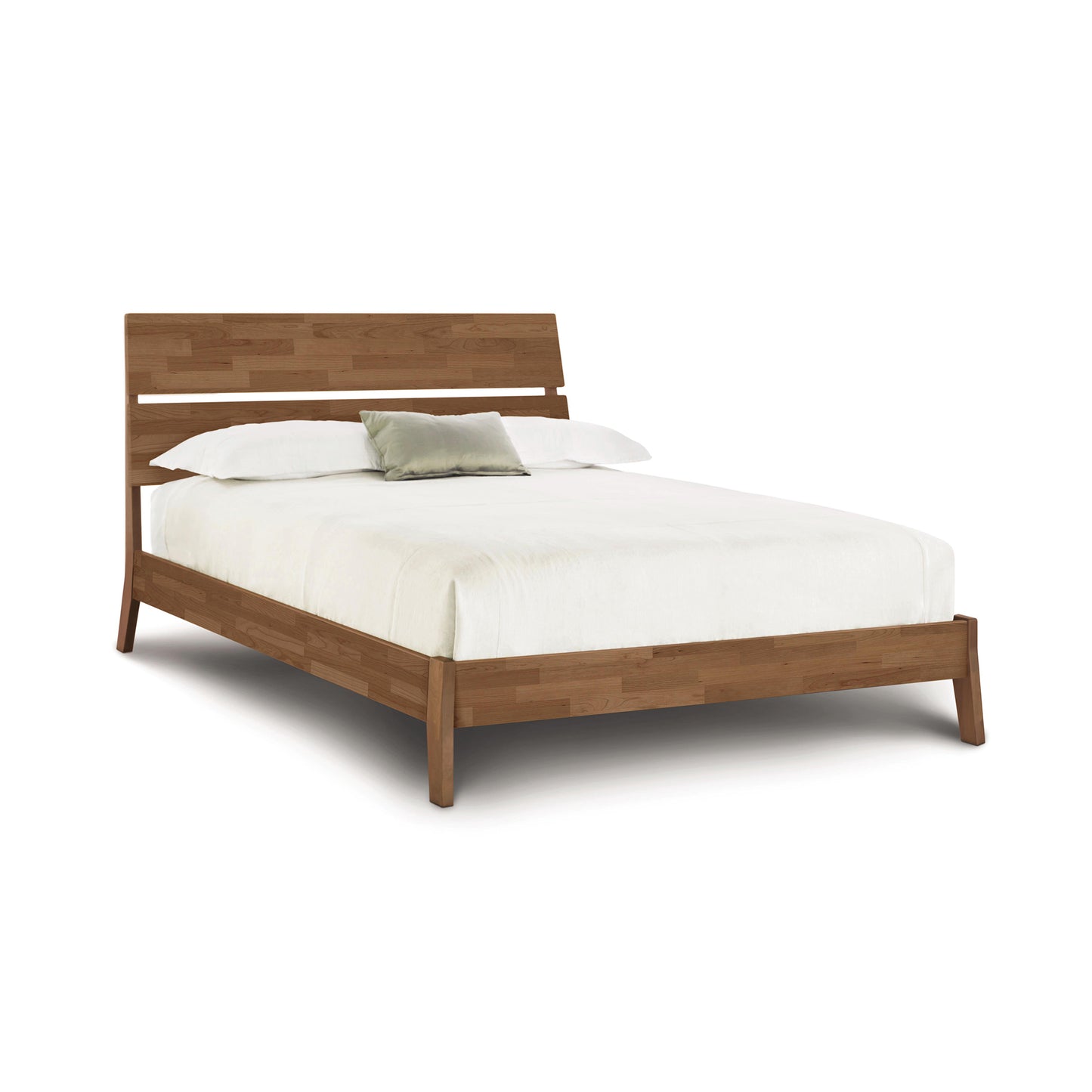A sustainable Linn Cherry Platform Bed crafted with cherry hardwood, featuring a wooden headboard and footboard, made by Copeland Furniture.