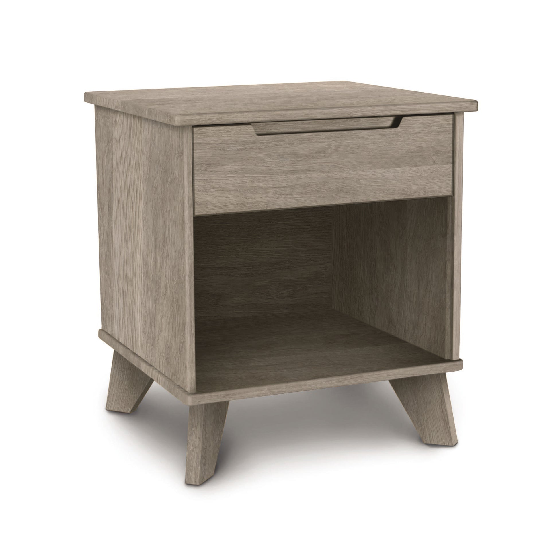 A modern Copeland Furniture Linn 1-Drawer Enclosed Shelf Nightstand made from sustainable solid wood with a single drawer and an open shelf, featuring low emissions finishes, isolated on a white background.
