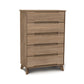 A sustainable Linn 5-Drawer Wide Chest, made from upcycled North American hardwood, features a wooden four-drawer design with tapered legs and horizontal pull handles on a white background.