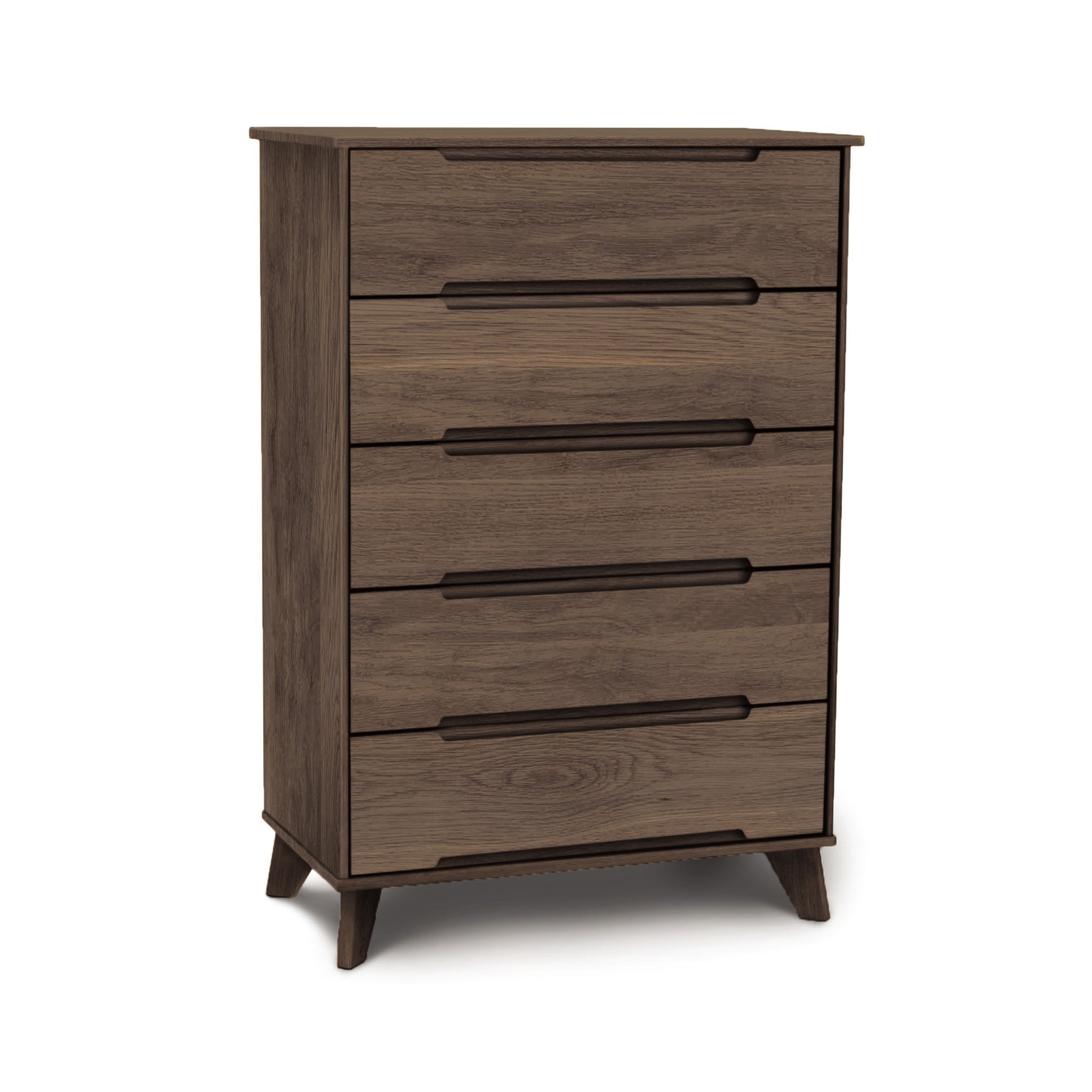A brown wooden Linn 5-Drawer Wide Chest dresser from Copeland Furniture, featuring a mid-century modern design, against a white background.