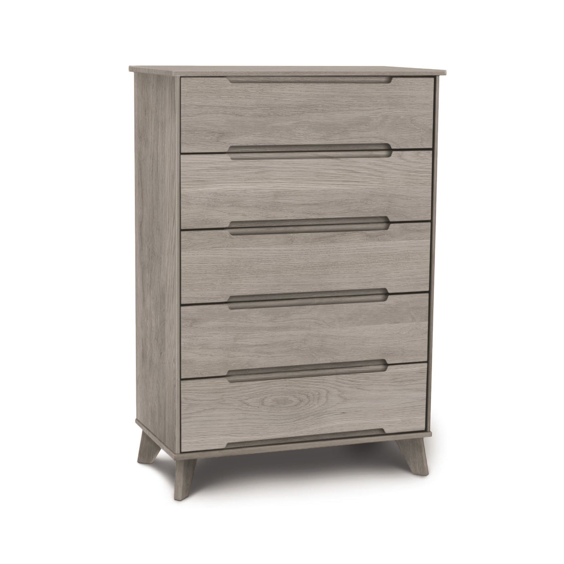A modern five-drawer wooden dresser with a mid-century modern design and a light gray finish, standing isolated on a white background, by Copeland Furniture.