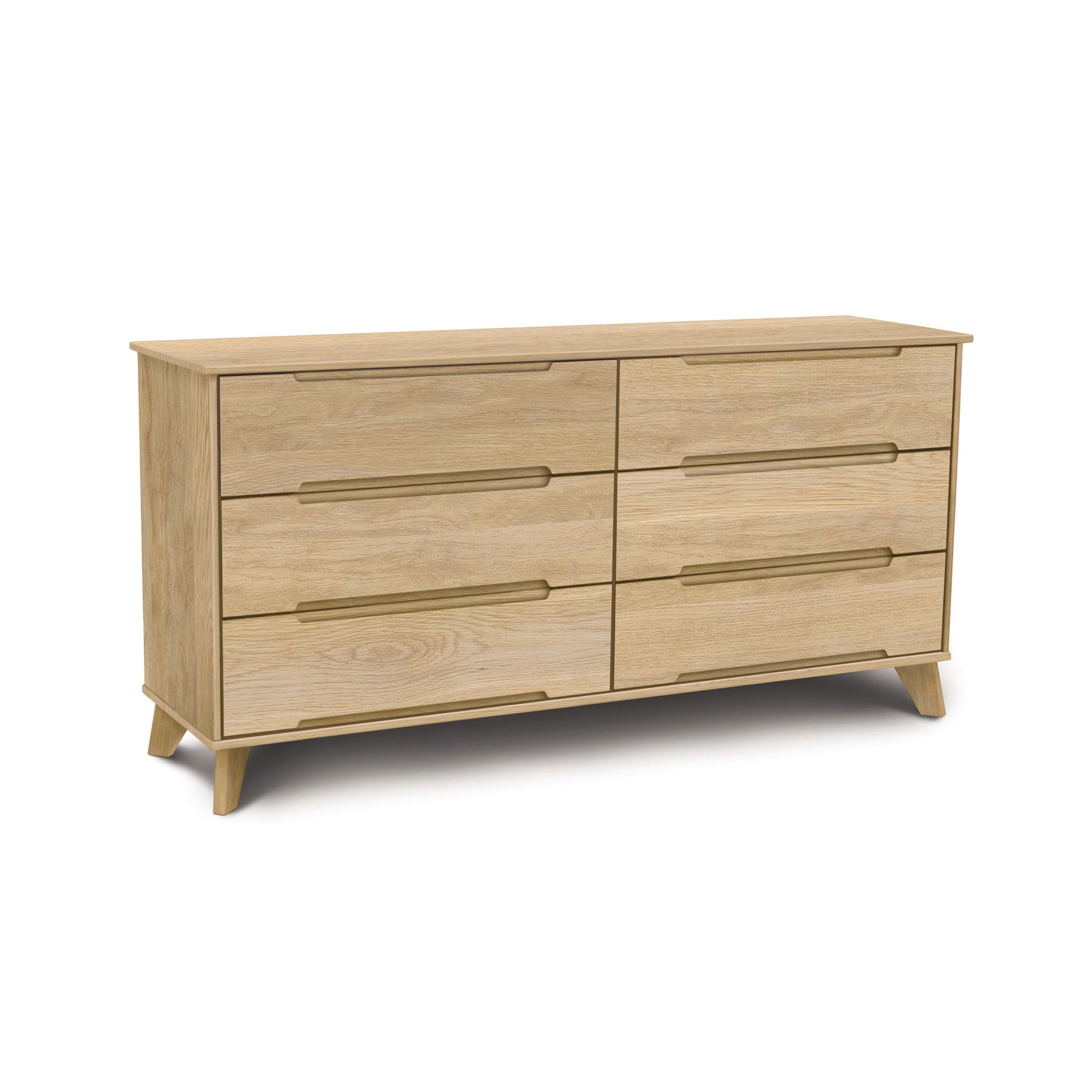 A wooden dresser with drawers on a white background.