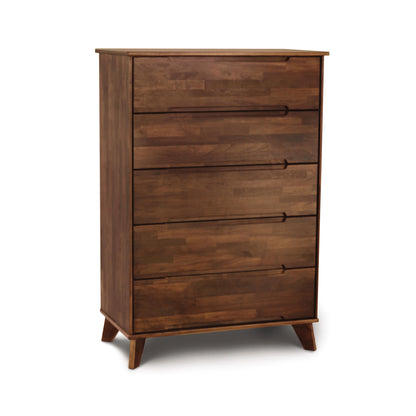 Linn 5-Drawer Wide Chest by Copeland Furniture in upcycled hardwood featuring a mid-century modern design with distinctive angled legs.