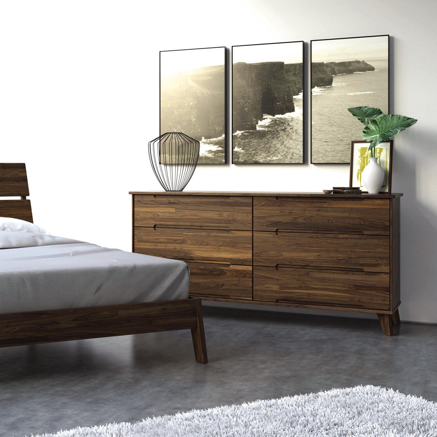 Wooden bed and Copeland Furniture Linn 6-Drawer Dresser in a bedroom setting.