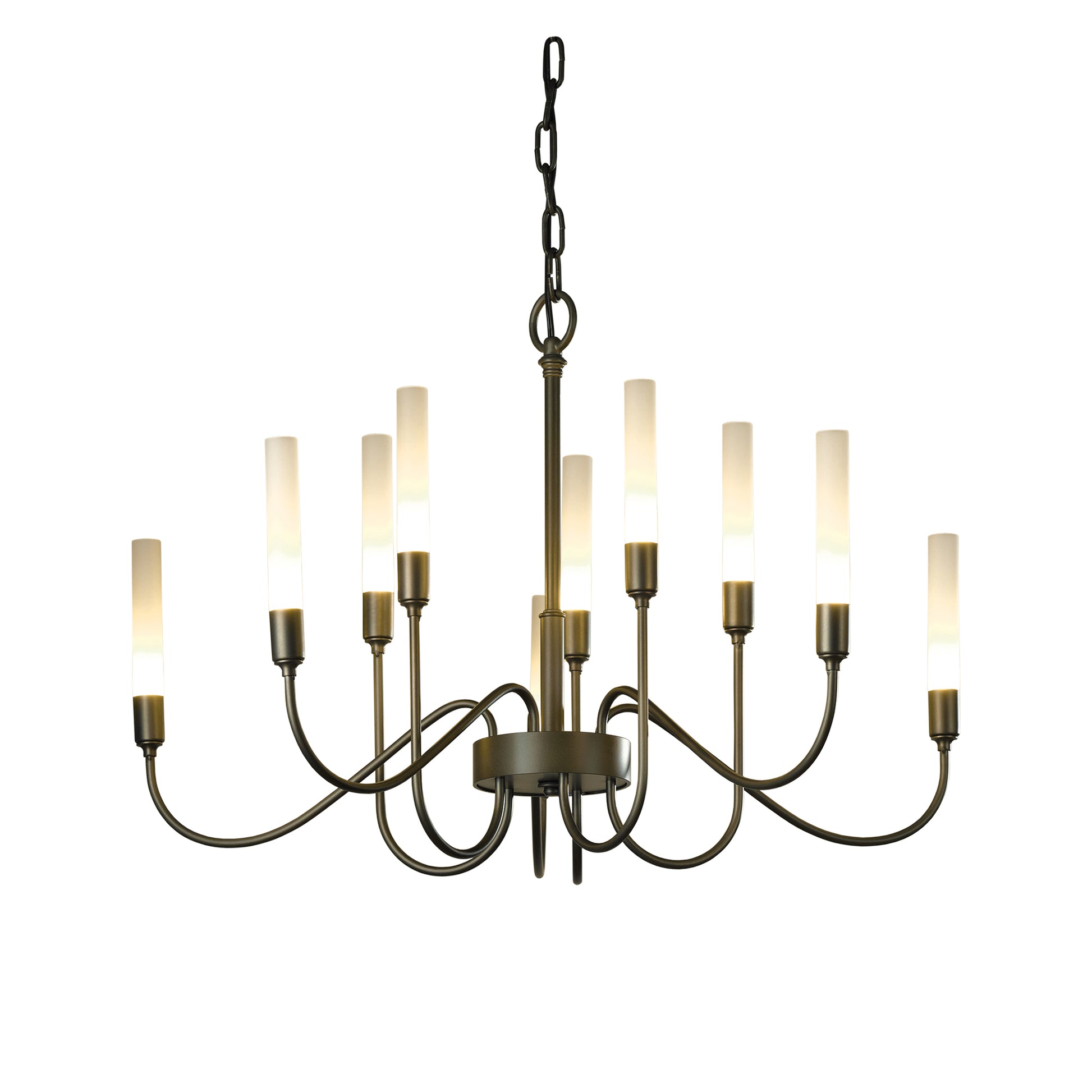 The Lisse 10-Arm Chandelier, handcrafted in Vermont by Hubbardton Forge, features six lights in a beautiful brass finish.