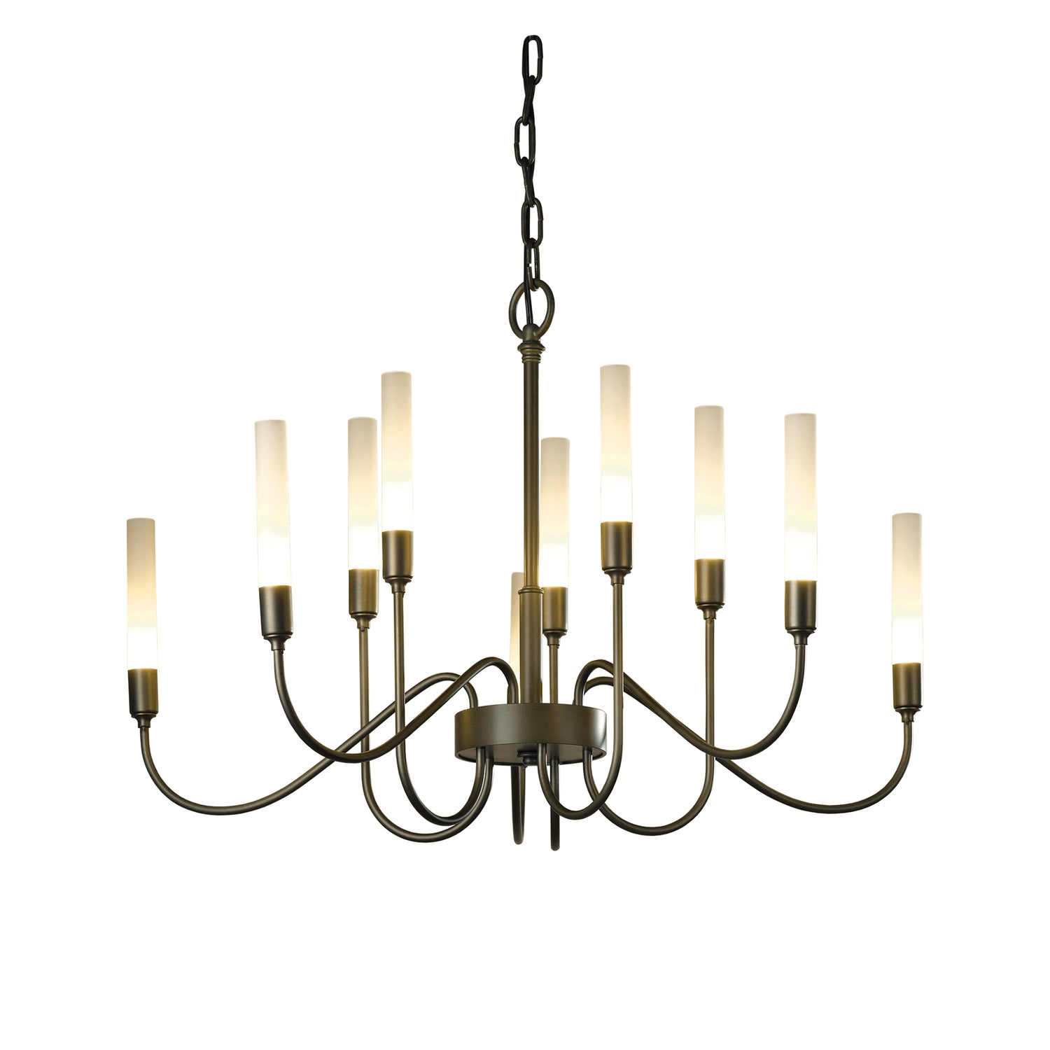 Elegant Lisse 10-Arm Chandelier by Hubbardton Forge showcases ten upward lights, graceful curved arms, and a sophisticated bronze finish.