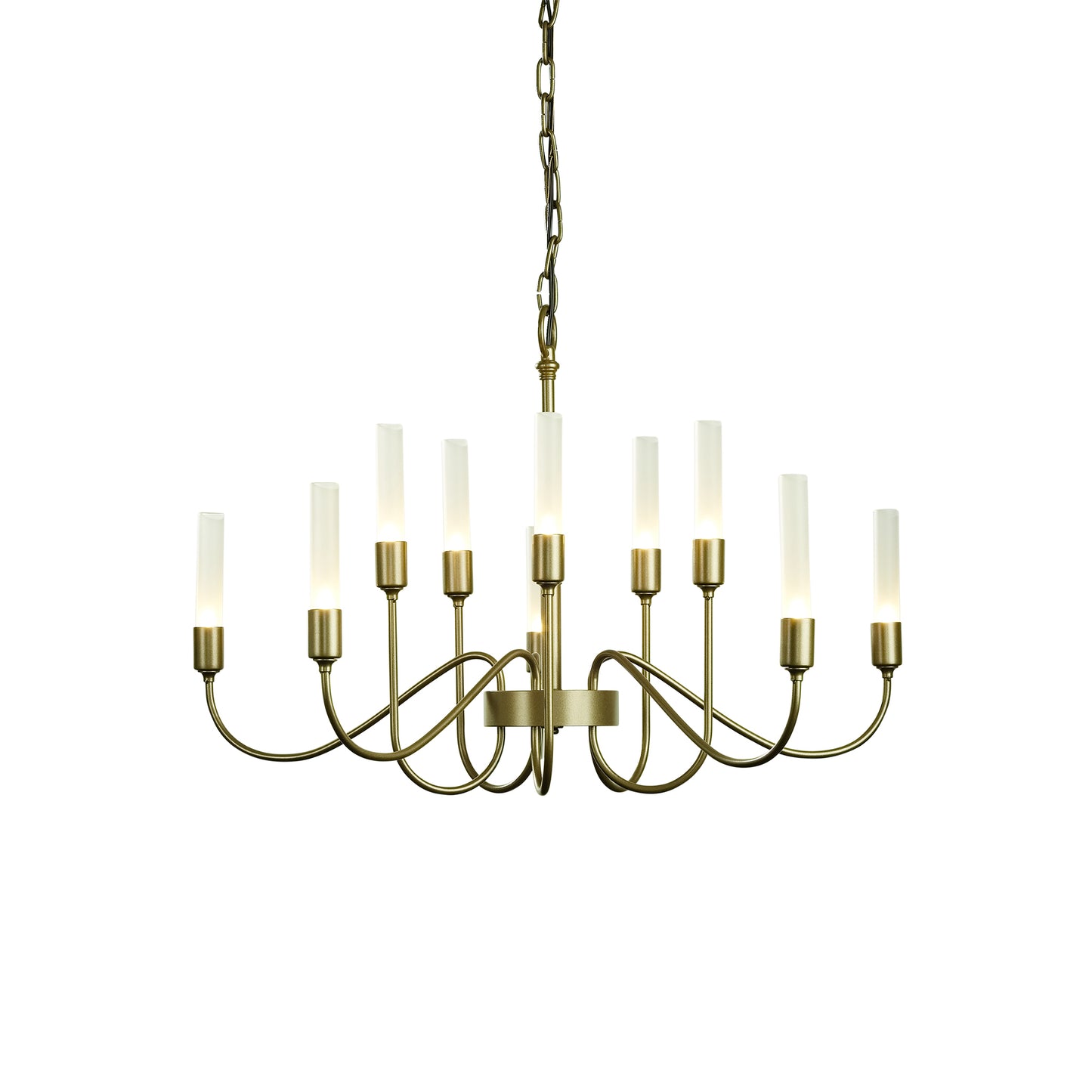 The Hubbardton Forge Lisse 10-Arm Chandelier, handcrafted in Vermont, showcases a stunning brass design with six lights and frosted glass.
