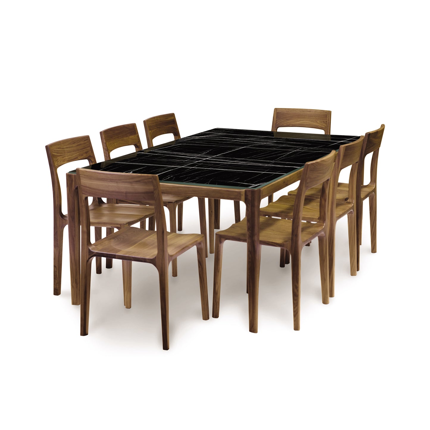 Copeland Furniture Lisse Table with black stone top and 8 matching wooden chairs, highlighting minimalist design.