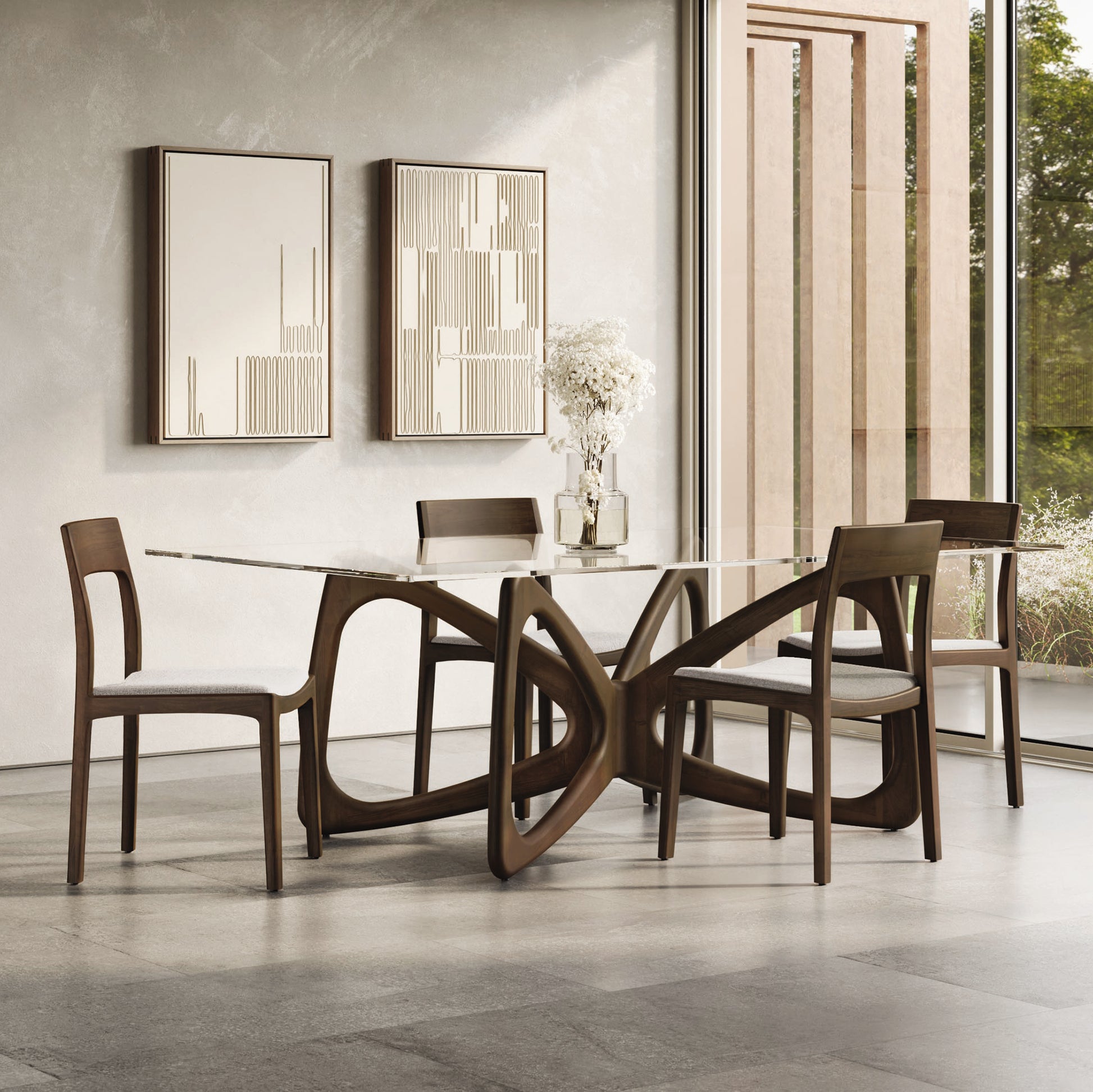 Glass dining table with four Copeland Furniture Lisse Upholstered Dining Chairs made from sustainable hardwood.