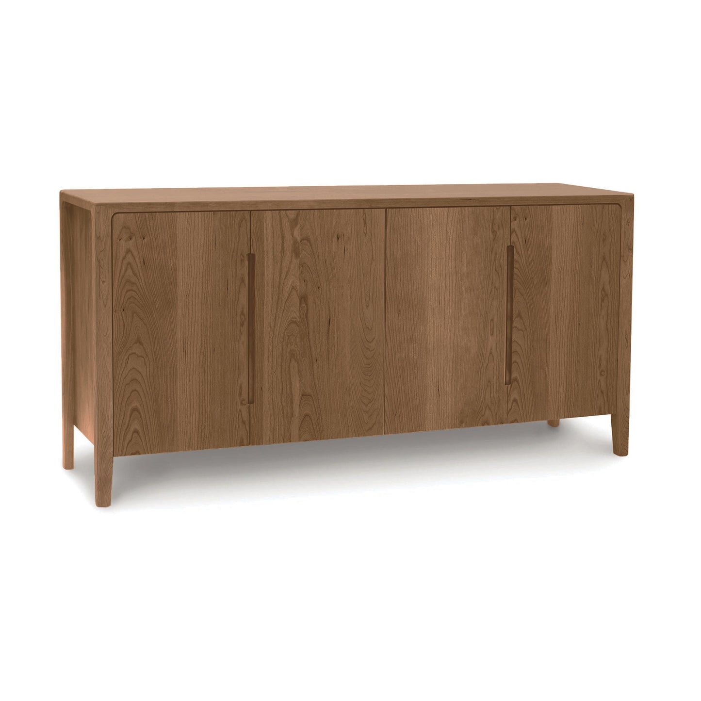 Copeland Furniture Lisse Buffet featuring four cabinet doors, light brown wood finish, and sleek legs, showcasing modern American craftsmanship.