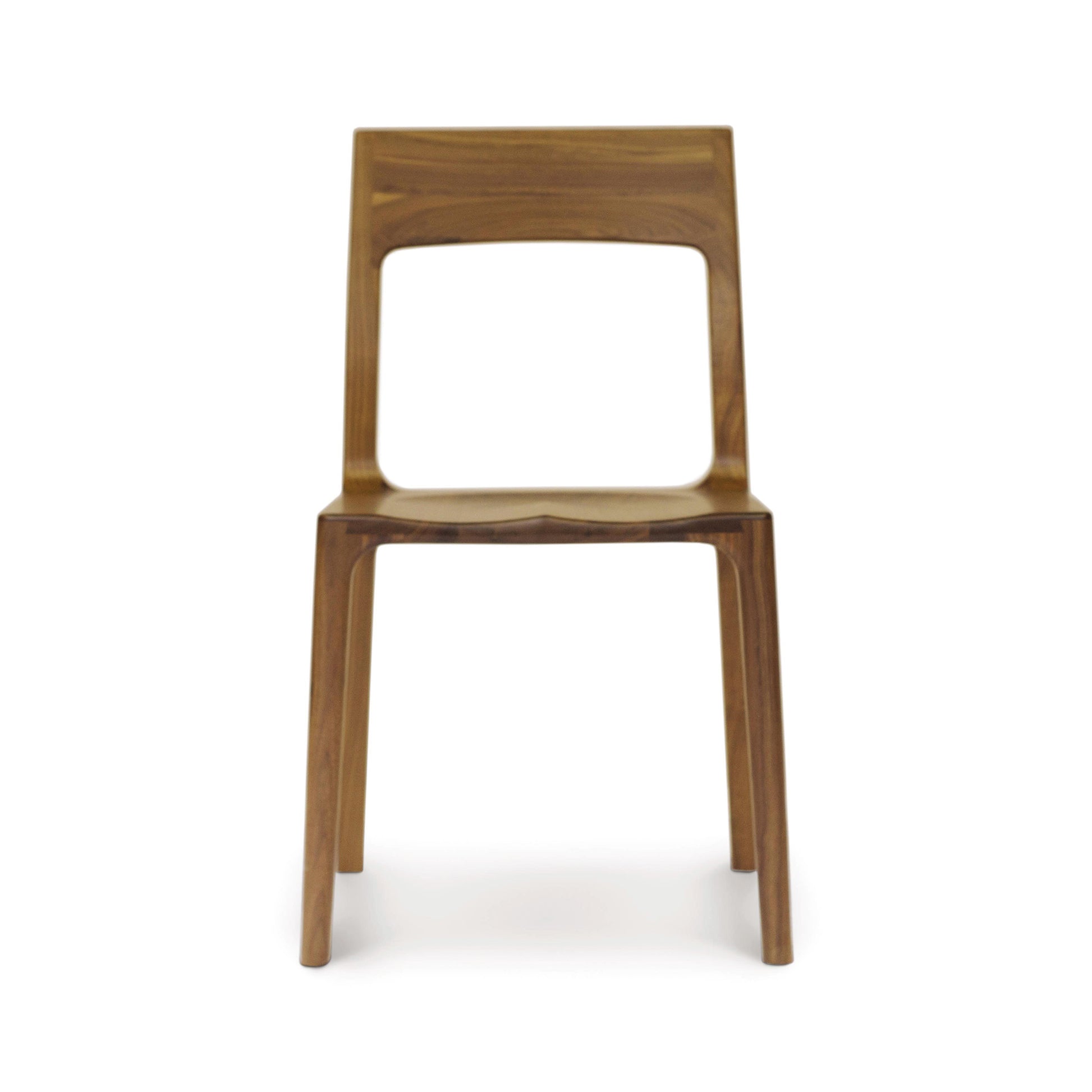 A modern walnut Lisse Dining Chair from the Copeland Furniture Collection, featuring a square cut-out in the backrest, isolated on a white background.