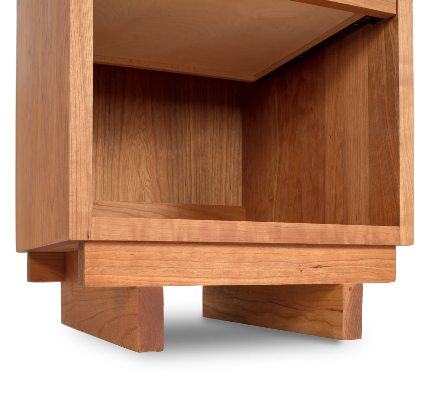 A modern Vermont Furniture Designs wooden Loft 1-Drawer Enclosed Shelf Nightstand with two drawers and a shelf.