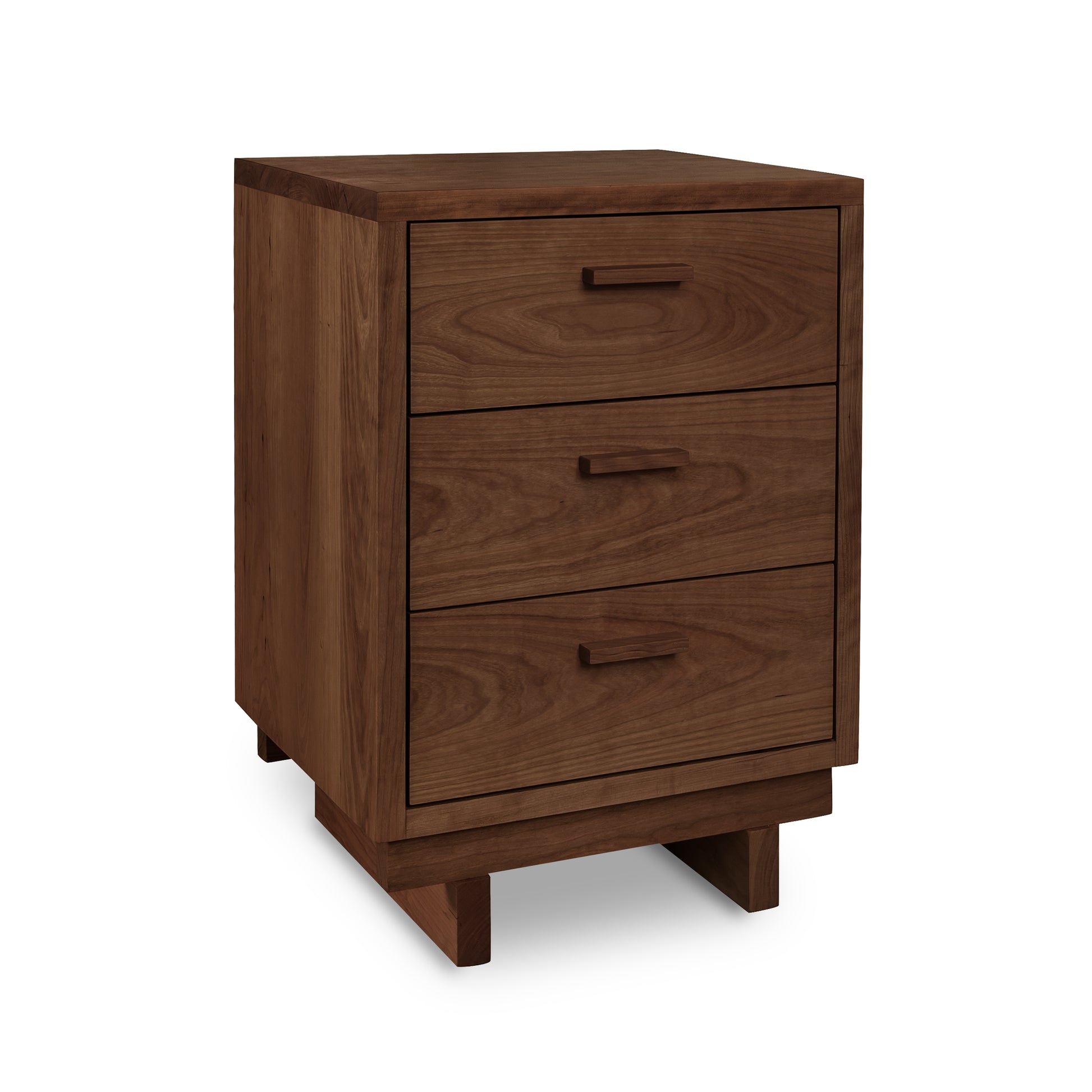 A modern design Vermont Furniture Designs Loft 3-Drawer Nightstand, isolated on a white background.