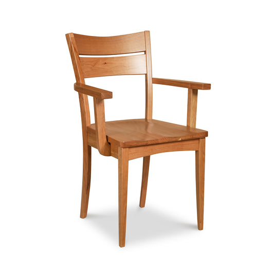 A wooden chair with arms on a white background.