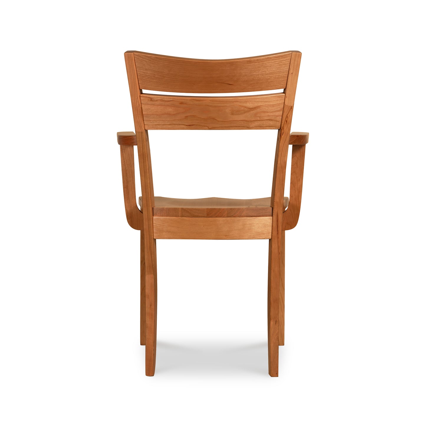 A wooden dining chair on a white background.