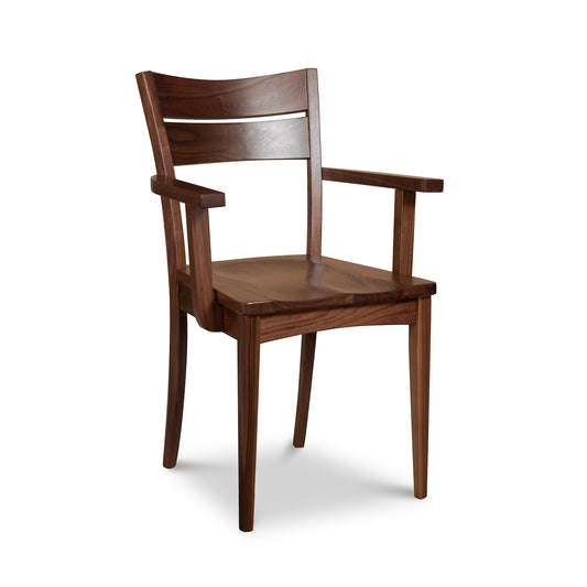 A wooden dining chair with a wooden seat and armrest.