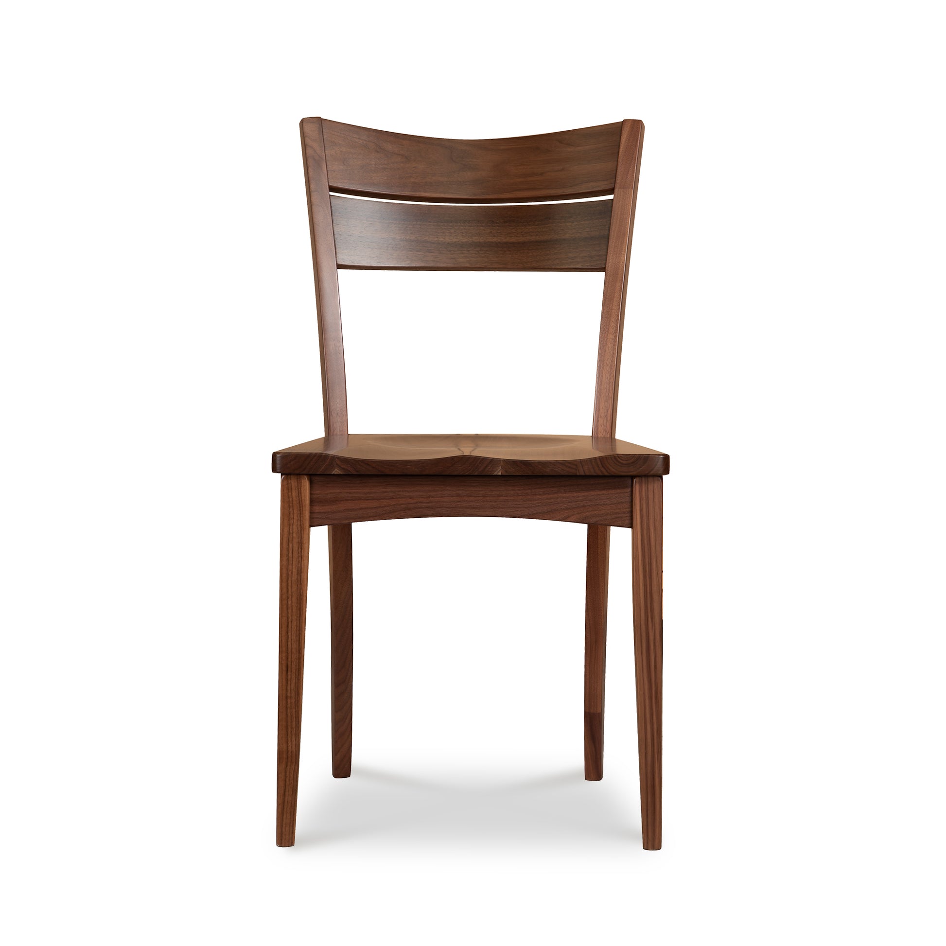 A wooden dining chair with a wooden seat.
