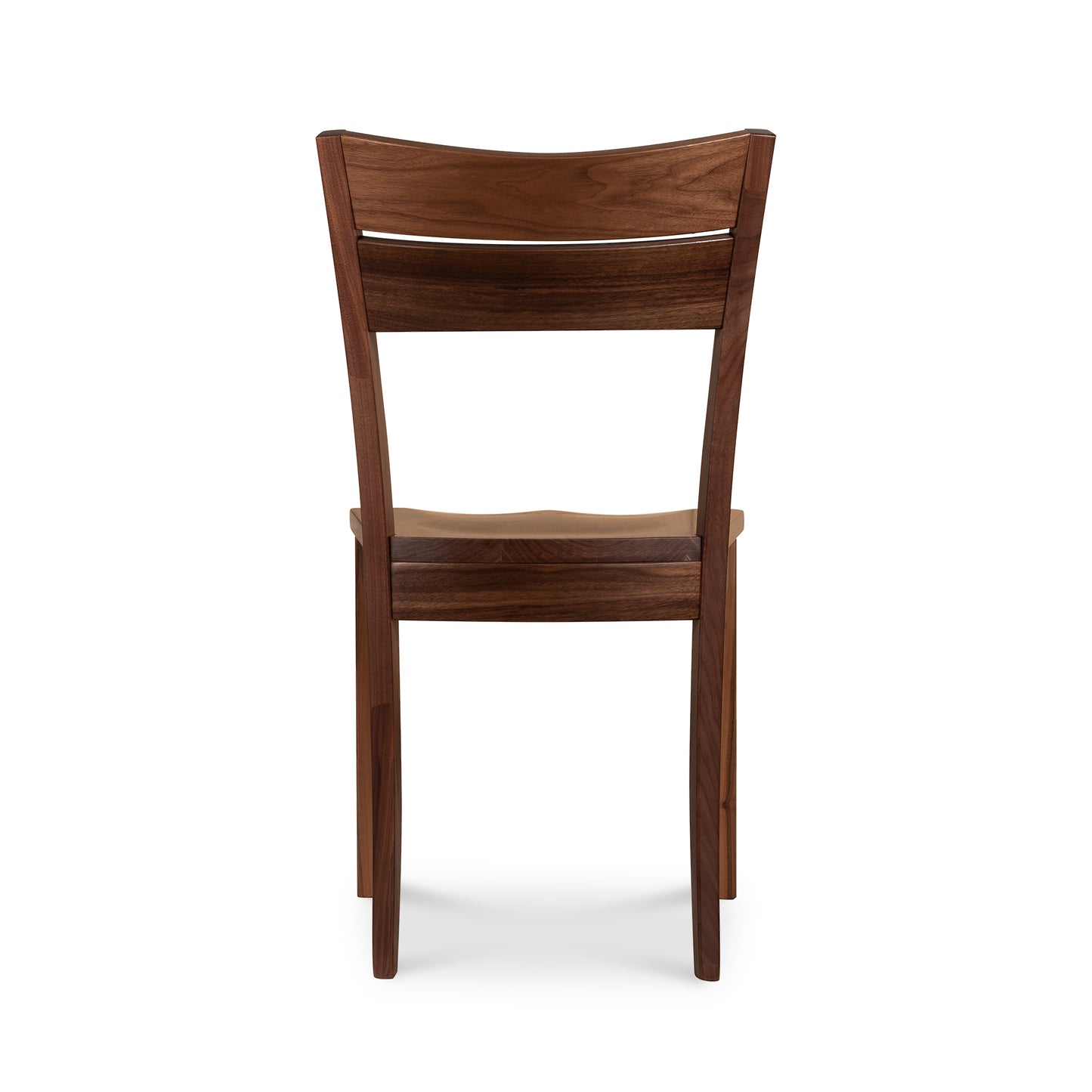 A wooden dining chair with a slatted back.