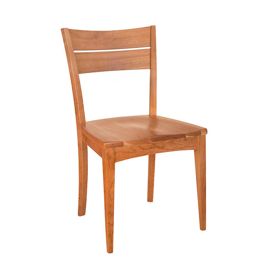 A simple Lowell Side Chair with Scooped Wood Seat - Discontinued Design - Clearance from Lyndon Furniture, made of solid cherry wood, standing on a plain background.