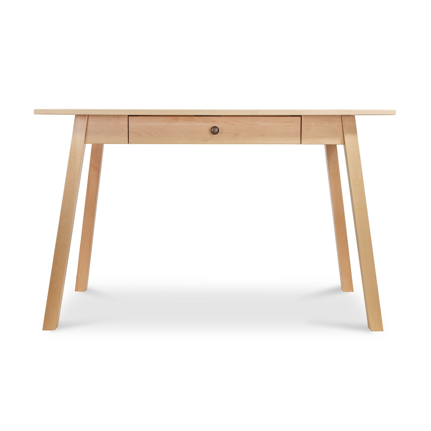 A wooden desk with a drawer and legs on a white background.