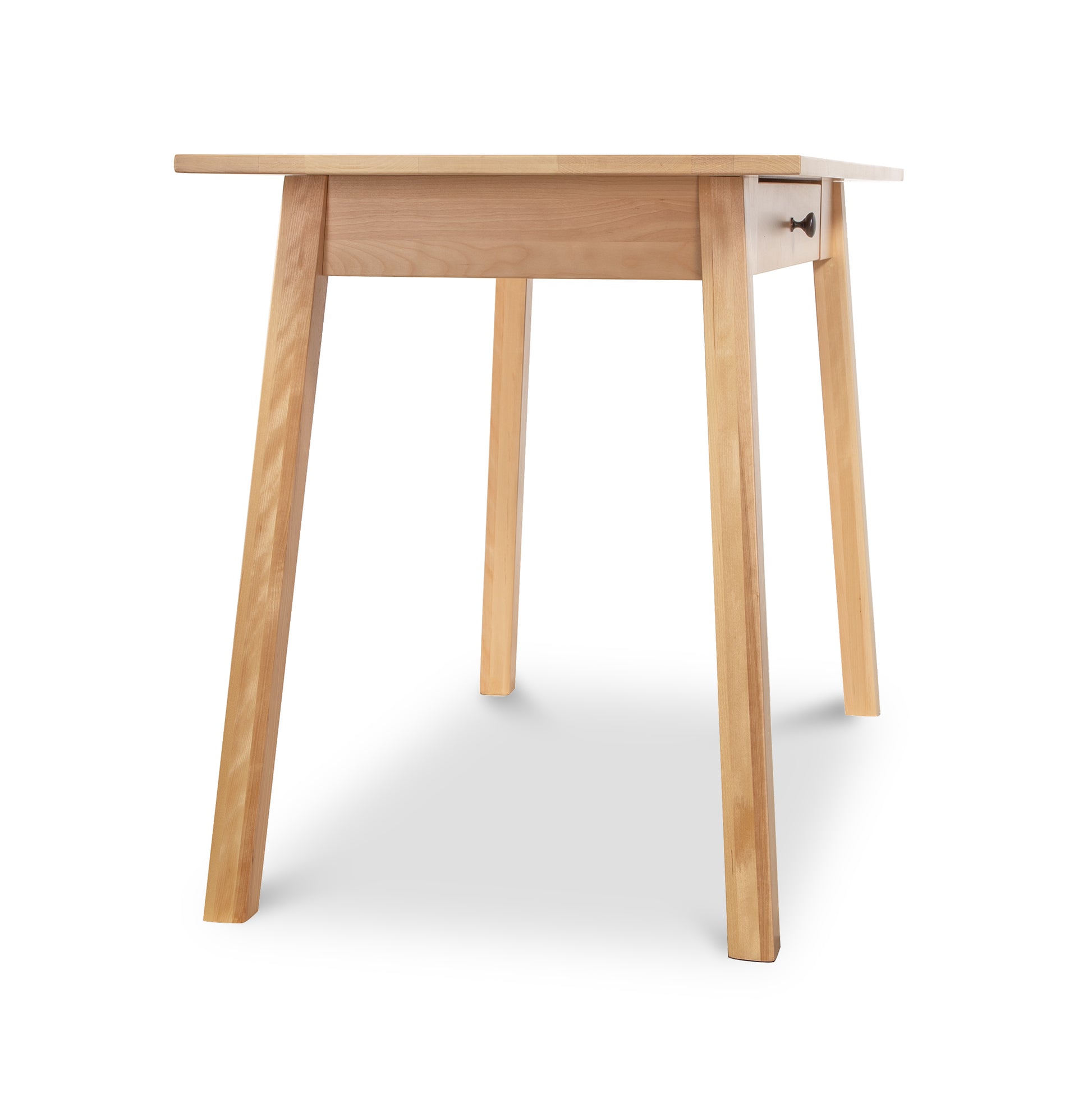 A wooden table with two legs and a drawer.
