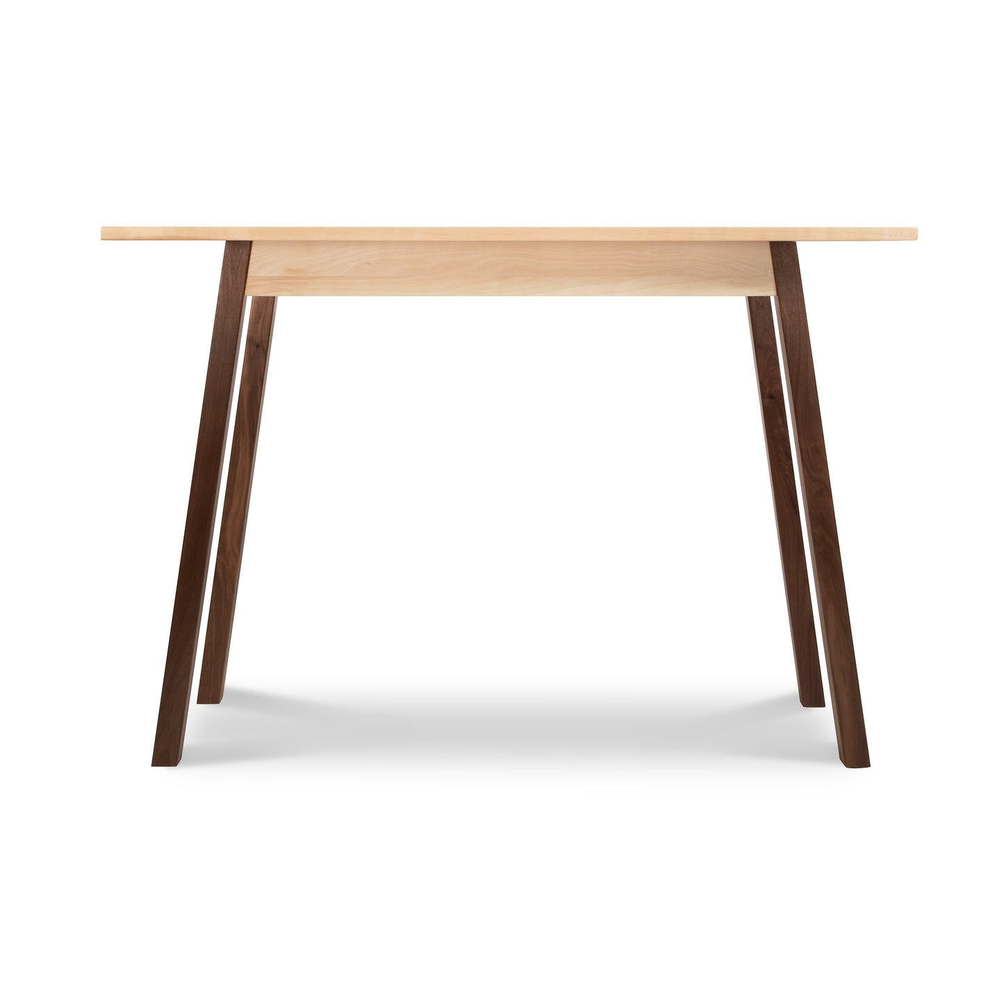 A table with a wooden top and brown legs.