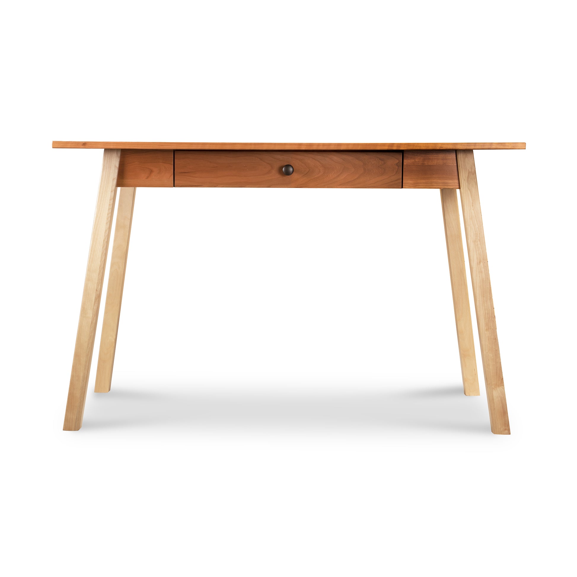 A wooden desk with a drawer and legs.