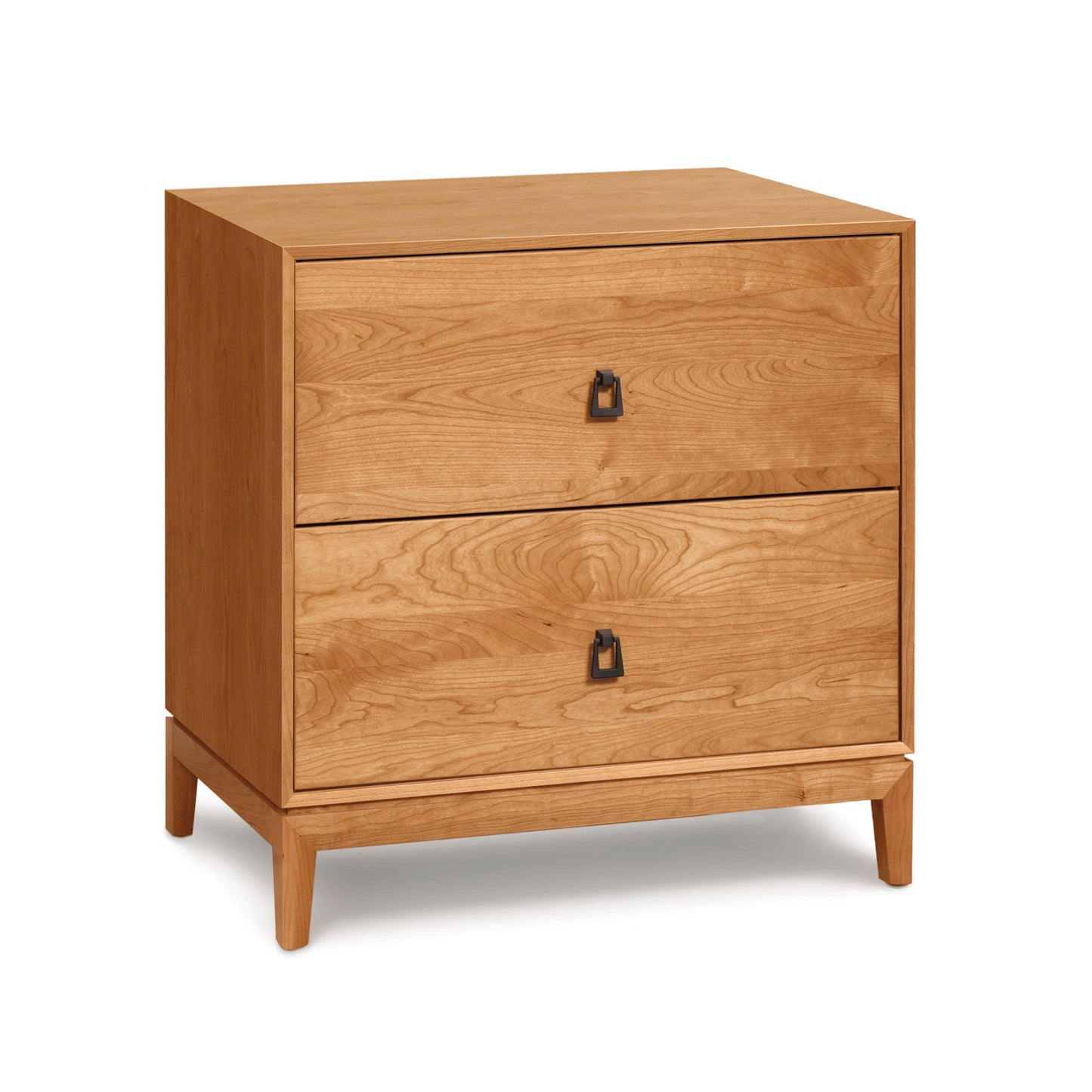 A black Mansfield 2-Drawer Nightstand with two drawers, featuring mitered frame and black bronze ring pulls from Copeland Furniture.