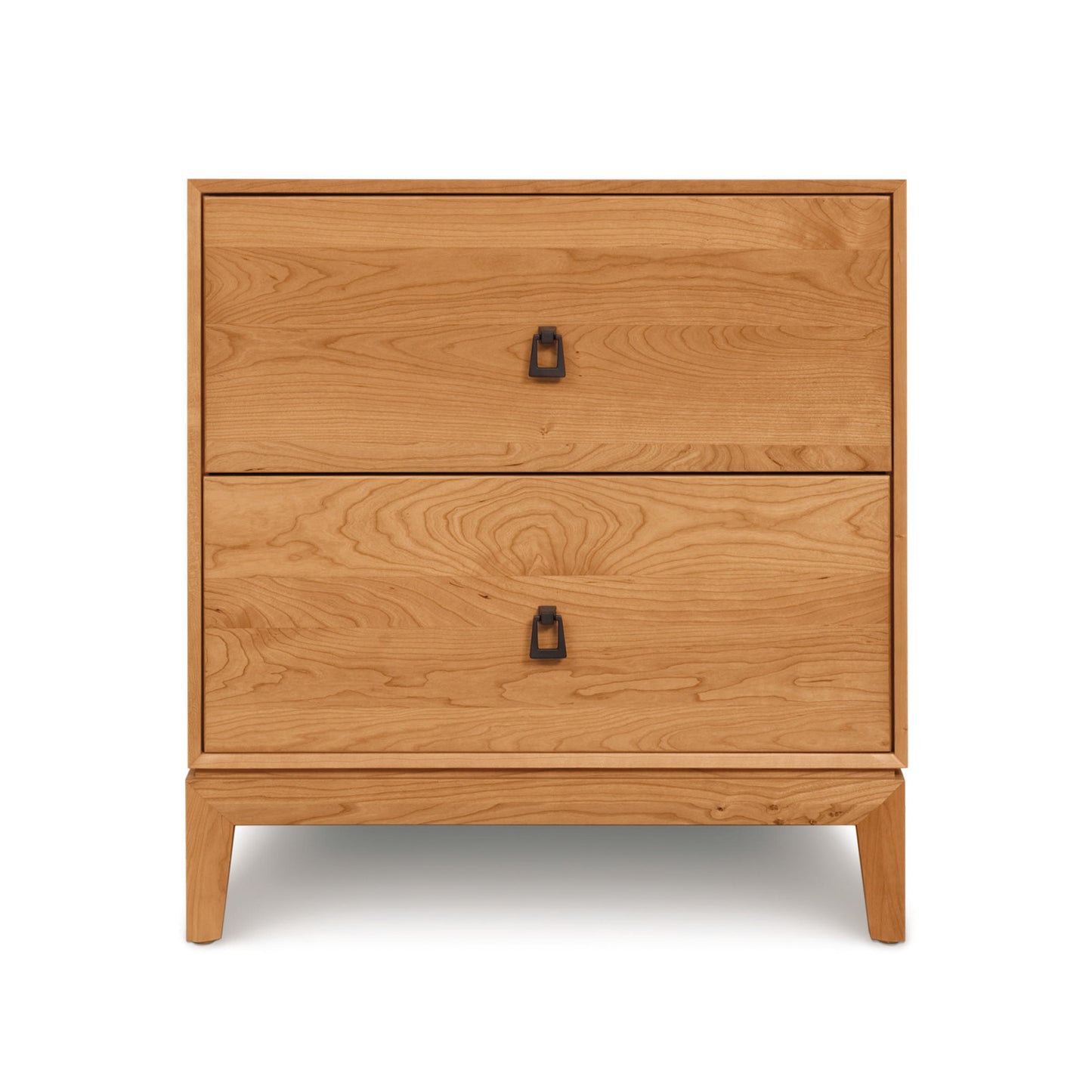 A Mansfield 2-Drawer Nightstand from Copeland Furniture featuring a mitered frame and black bronze ring pulls.