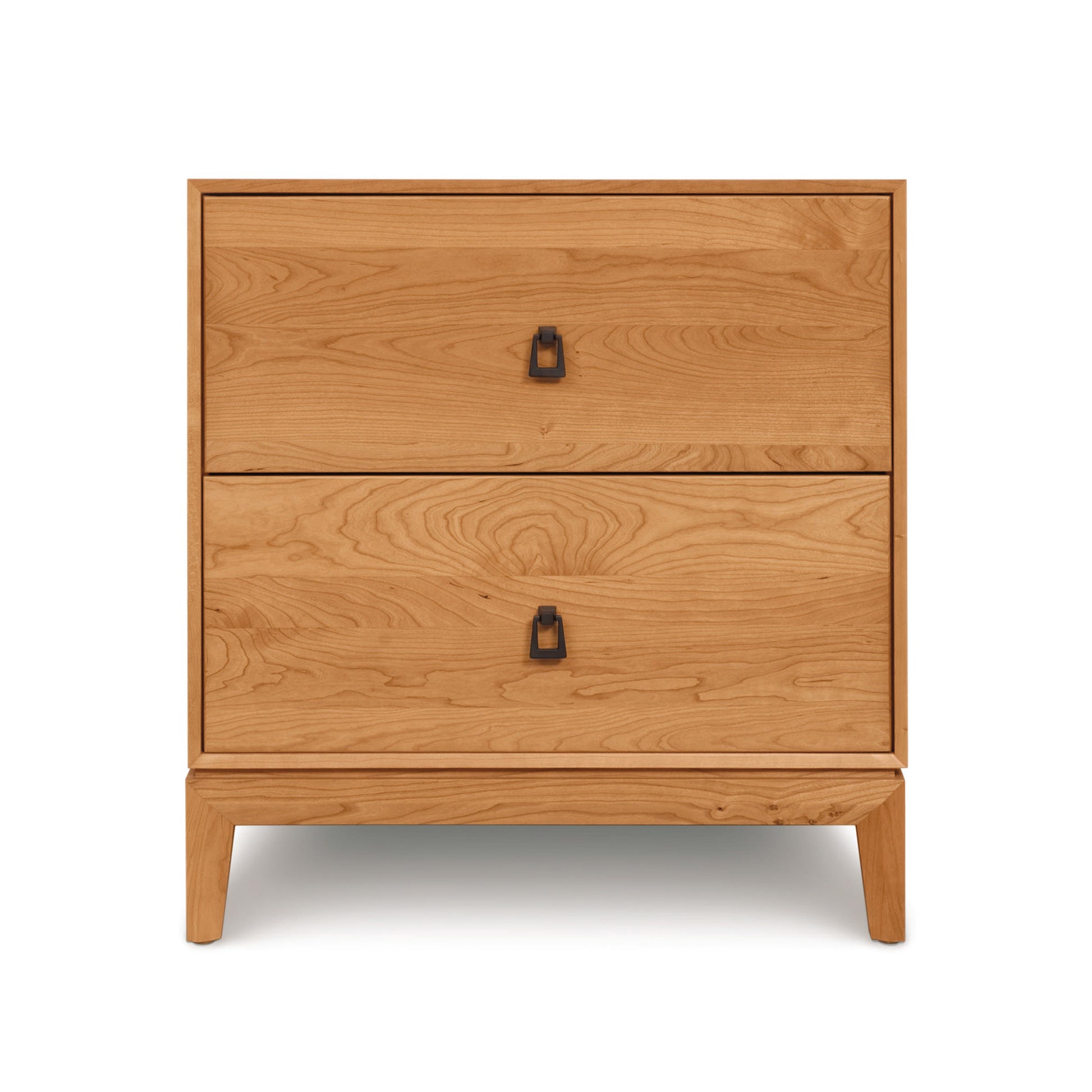 A Copeland Furniture Mansfield 2-Drawer Nightstand with simple handles situated on a plain white background.