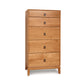 A solid natural wood Mansfield 5-Drawer Narrow Chest with metal handles in the Arts and Crafts style on a white background by Copeland Furniture.