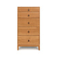 A solid natural wood Copeland Furniture Mansfield 5-Drawer Narrow Chest with simple handles, standing against a white background.