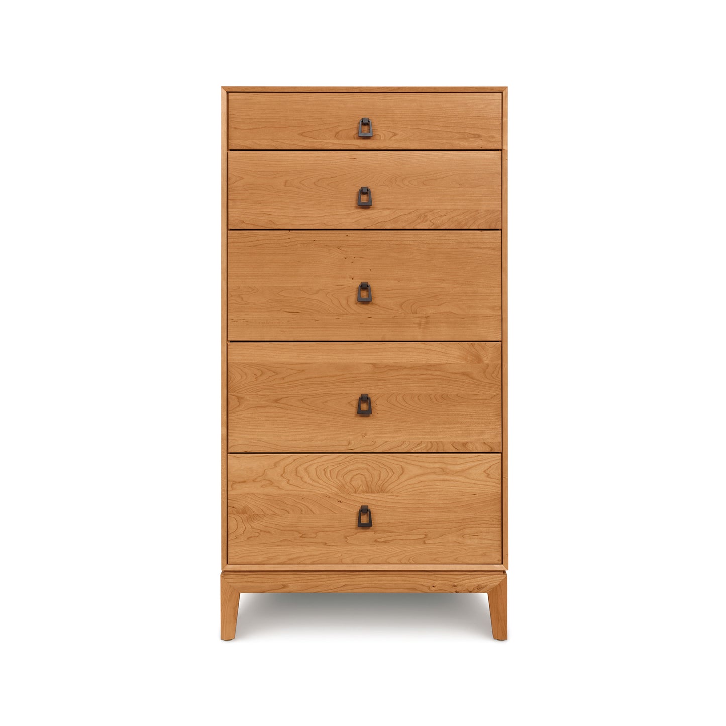 A solid natural wood Copeland Furniture Mansfield 5-Drawer Narrow Chest with simple handles, standing against a white background.
