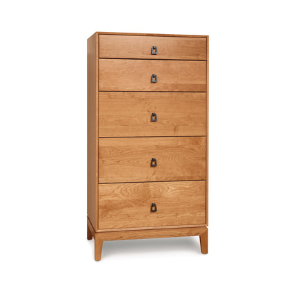 A Mansfield 5-Drawer Narrow Chest in the Arts and Crafts style with metal handles on a white background by Copeland Furniture.