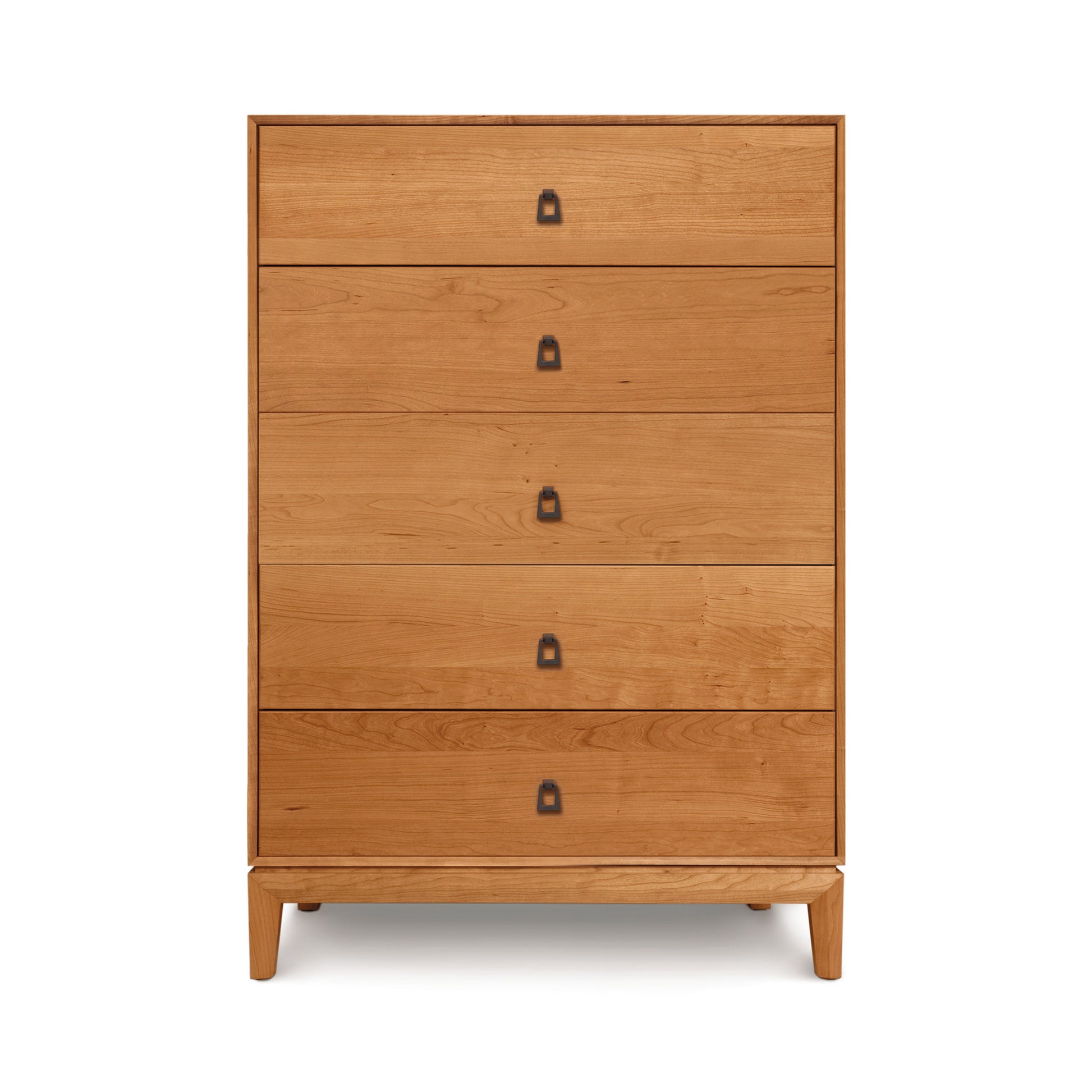 A solid natural wood Copeland Furniture Mansfield 5-Drawer Wide Chest dresser with simple handles, isolated against a white background.