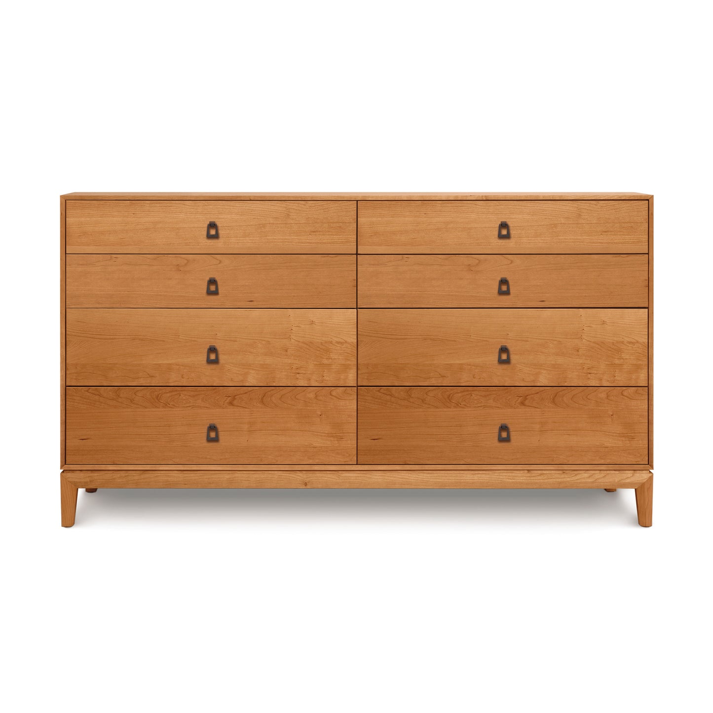 A mid-century modern style Copeland Furniture Mansfield 8-Drawer Dresser, featuring cherry wood construction with tapered legs, isolated on a white background.